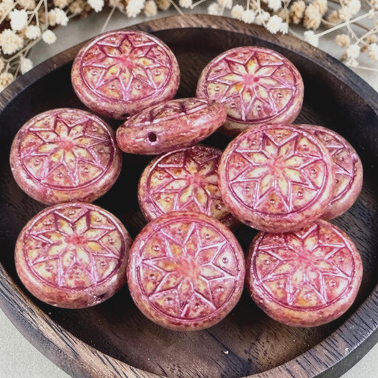 Czech Glass Beads - 14mm Star of Ishtar, Alabaster with Fuchsia and Metallic Pink (PSOI-7) * 6 Beads
