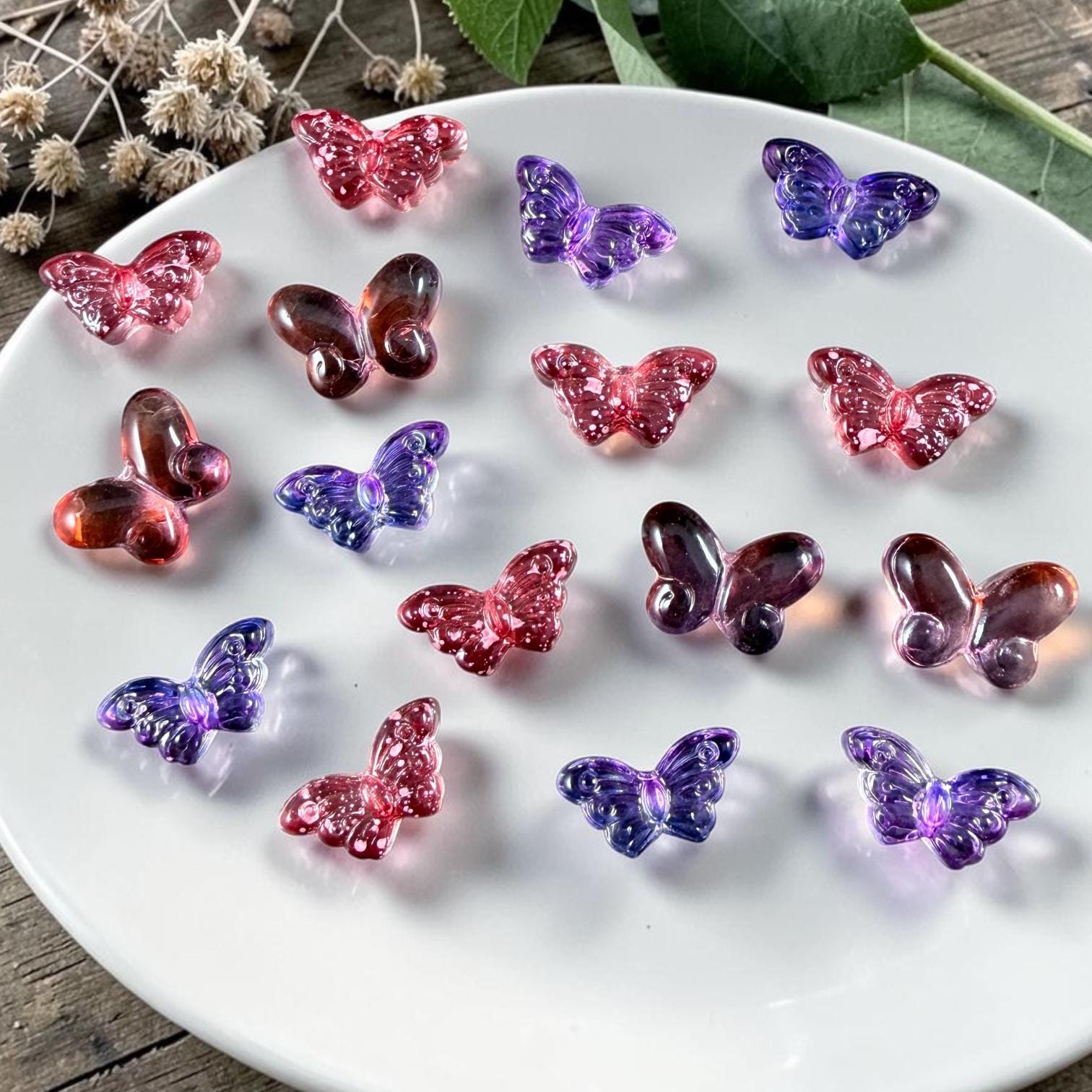 Glass Beads - Dark Purple and Orange Butterfly Mix * 16 Beads