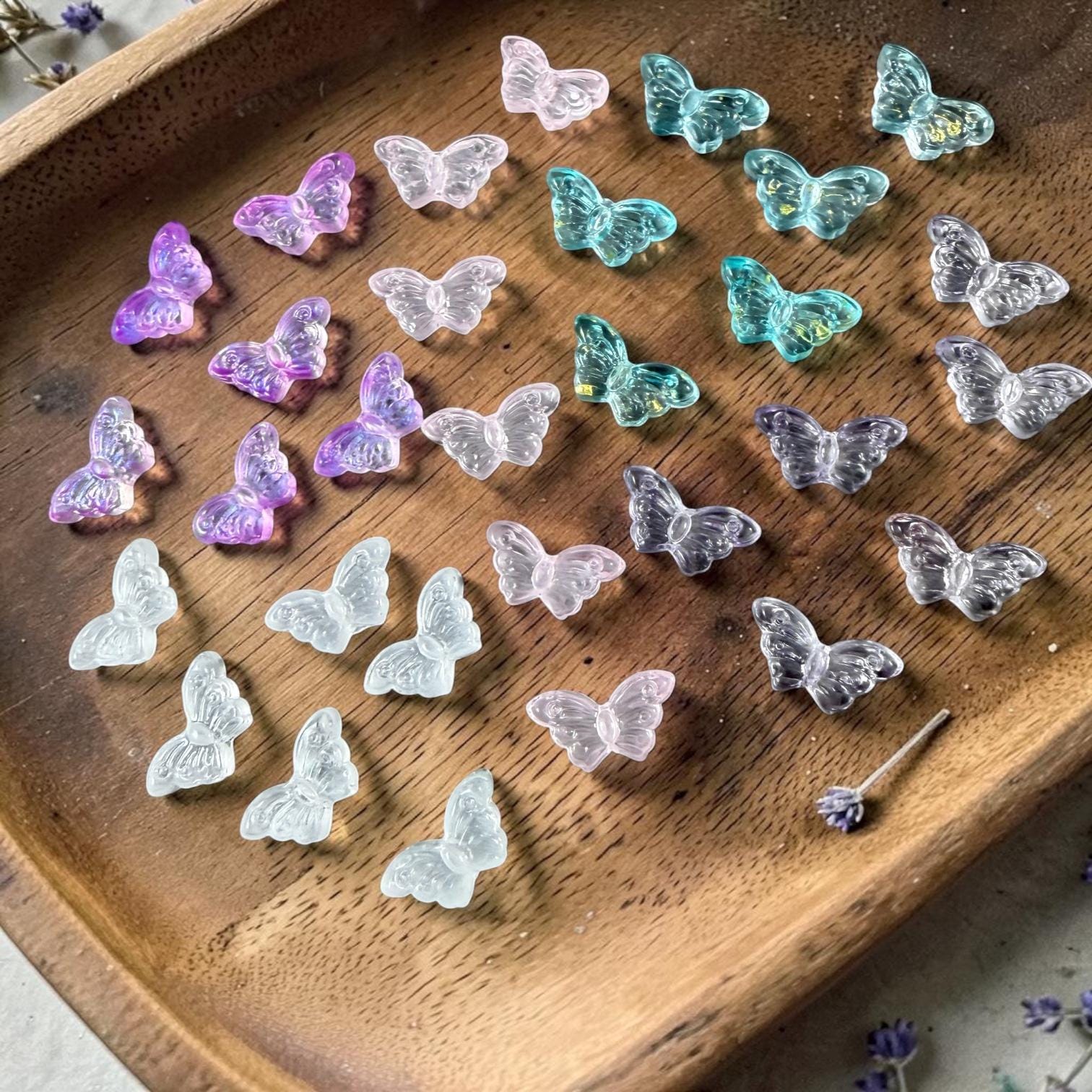 Glass Beads - Purple, White and Aqua Frilly Butterfly Mix * 30 Beads