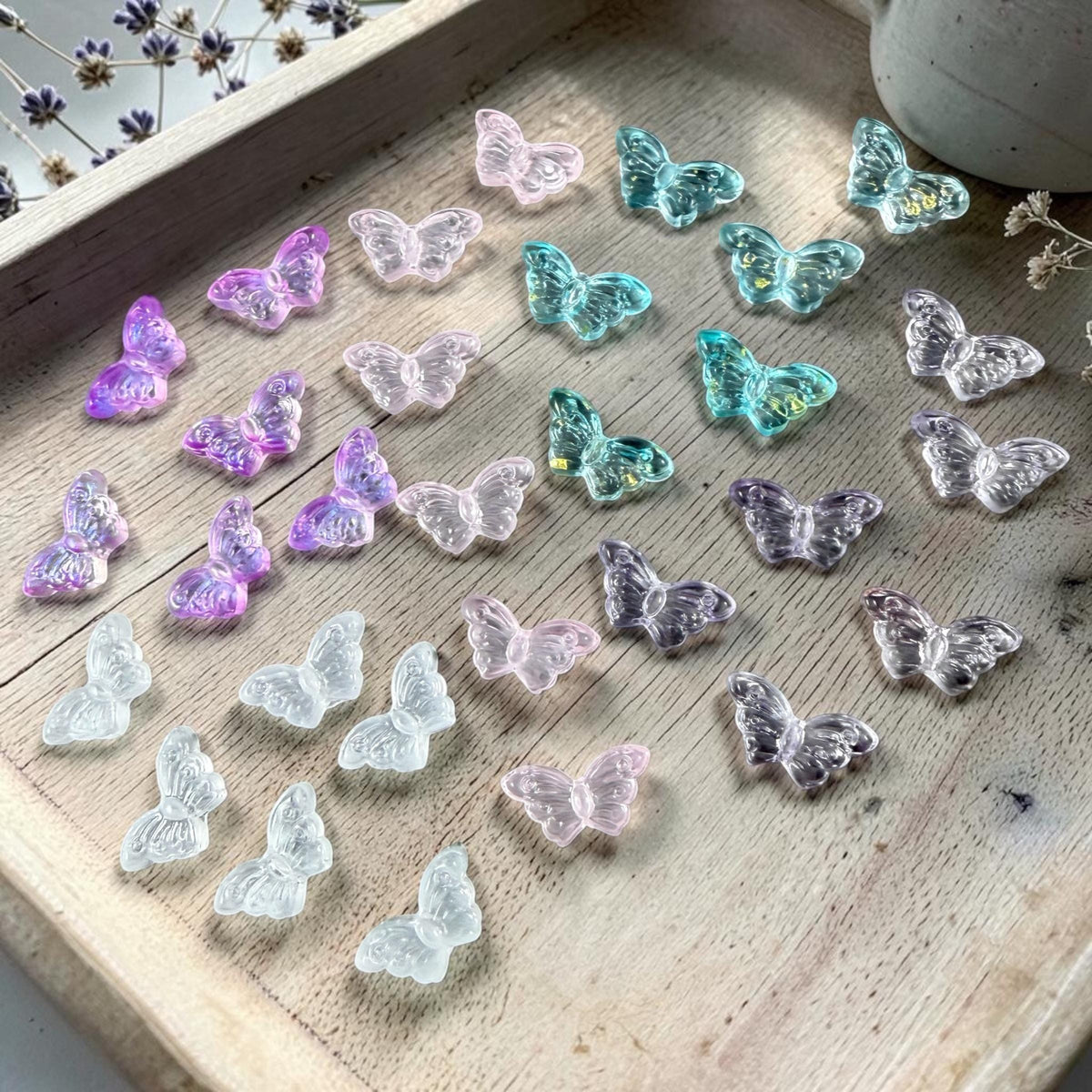 Glass Beads - Purple, White and Aqua Frilly Butterfly Mix * 30 Beads