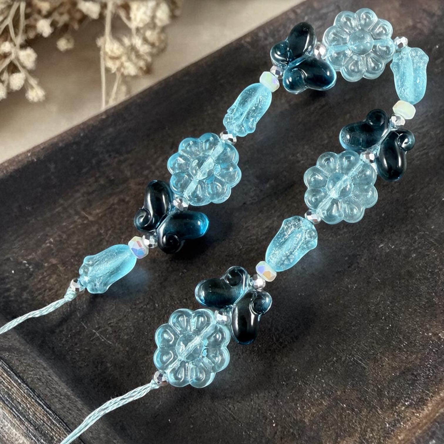Exclusive Bead Bungalow Mix - Blue Butterflies and Flowers, Nature Theme Glass Beads (612.03) - 6.5" Strand