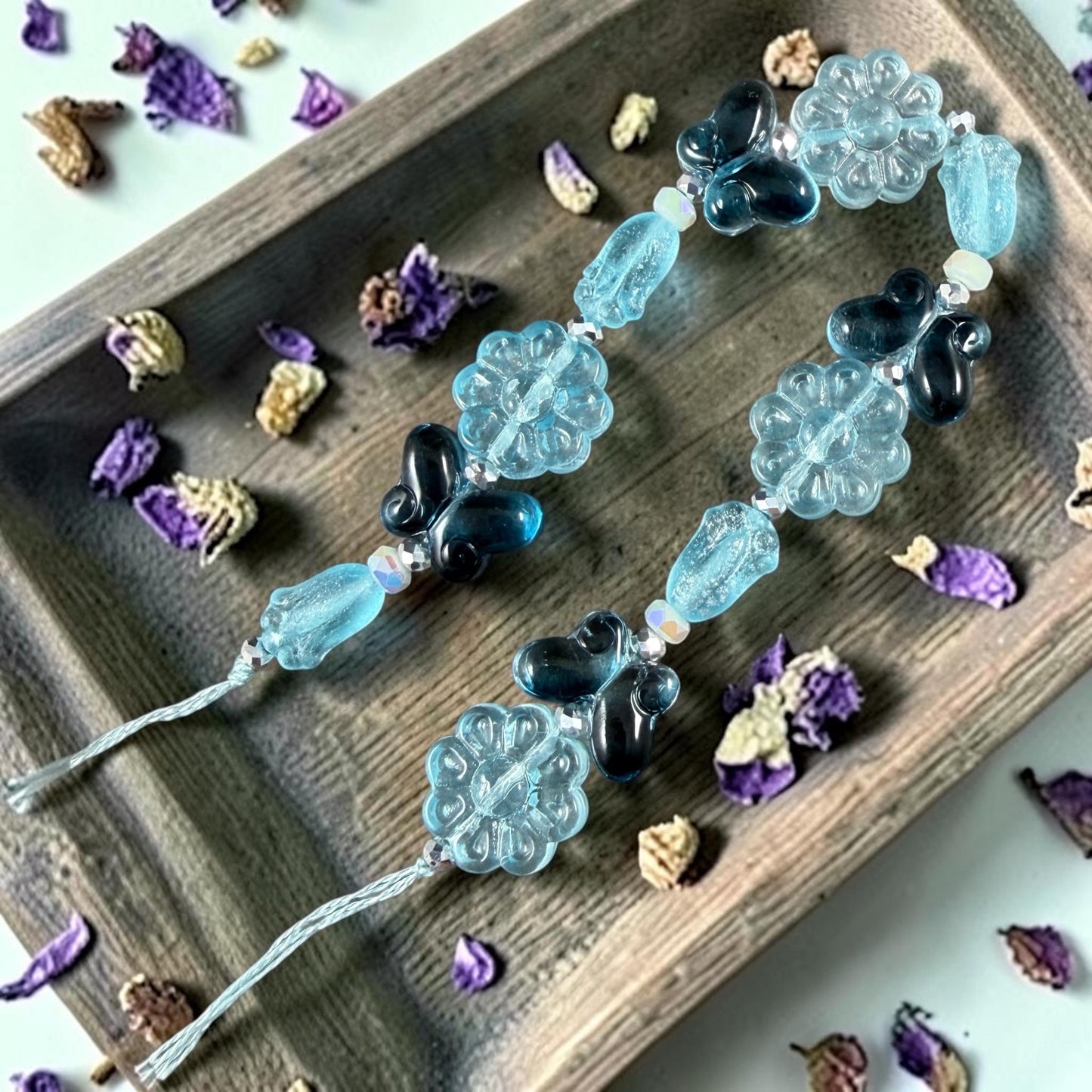Exclusive Bead Bungalow Mix - Blue Butterflies and Flowers, Nature Theme Glass Beads (612.03) - 6.5" Strand