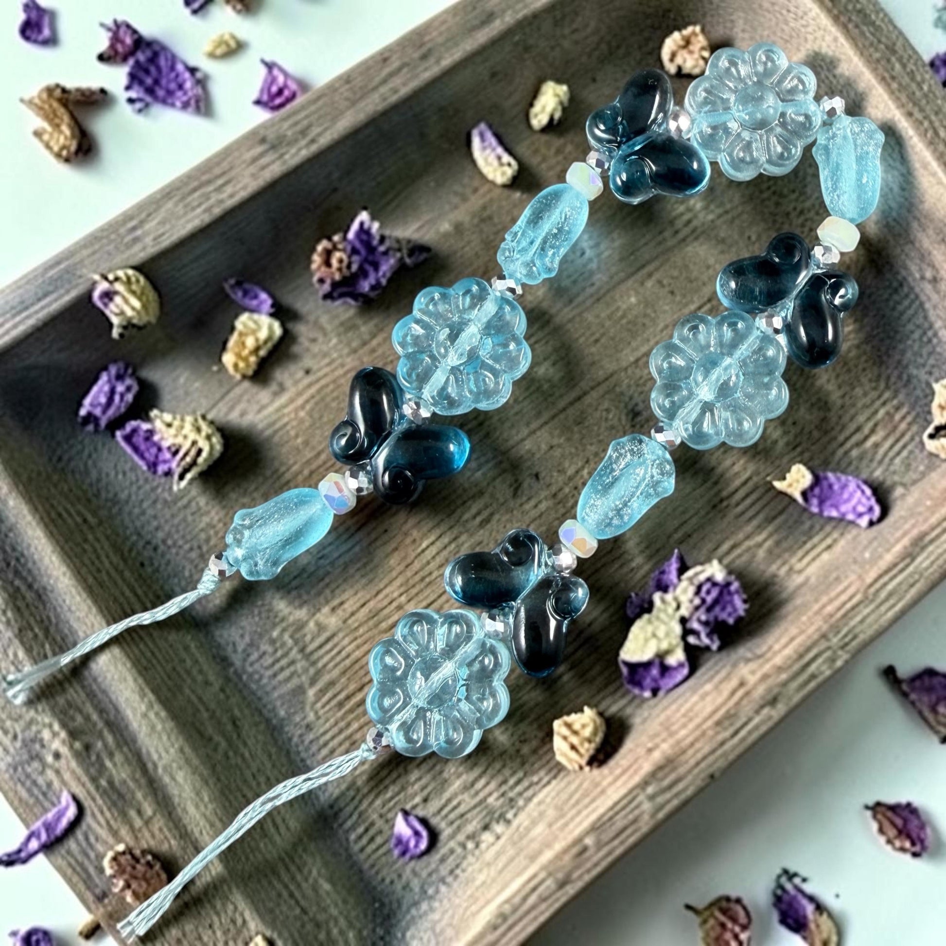 Exclusive Bead Bungalow Mix - Blue Butterflies and Flowers, Nature Theme Glass Beads (612.03) - 6.5" Strand