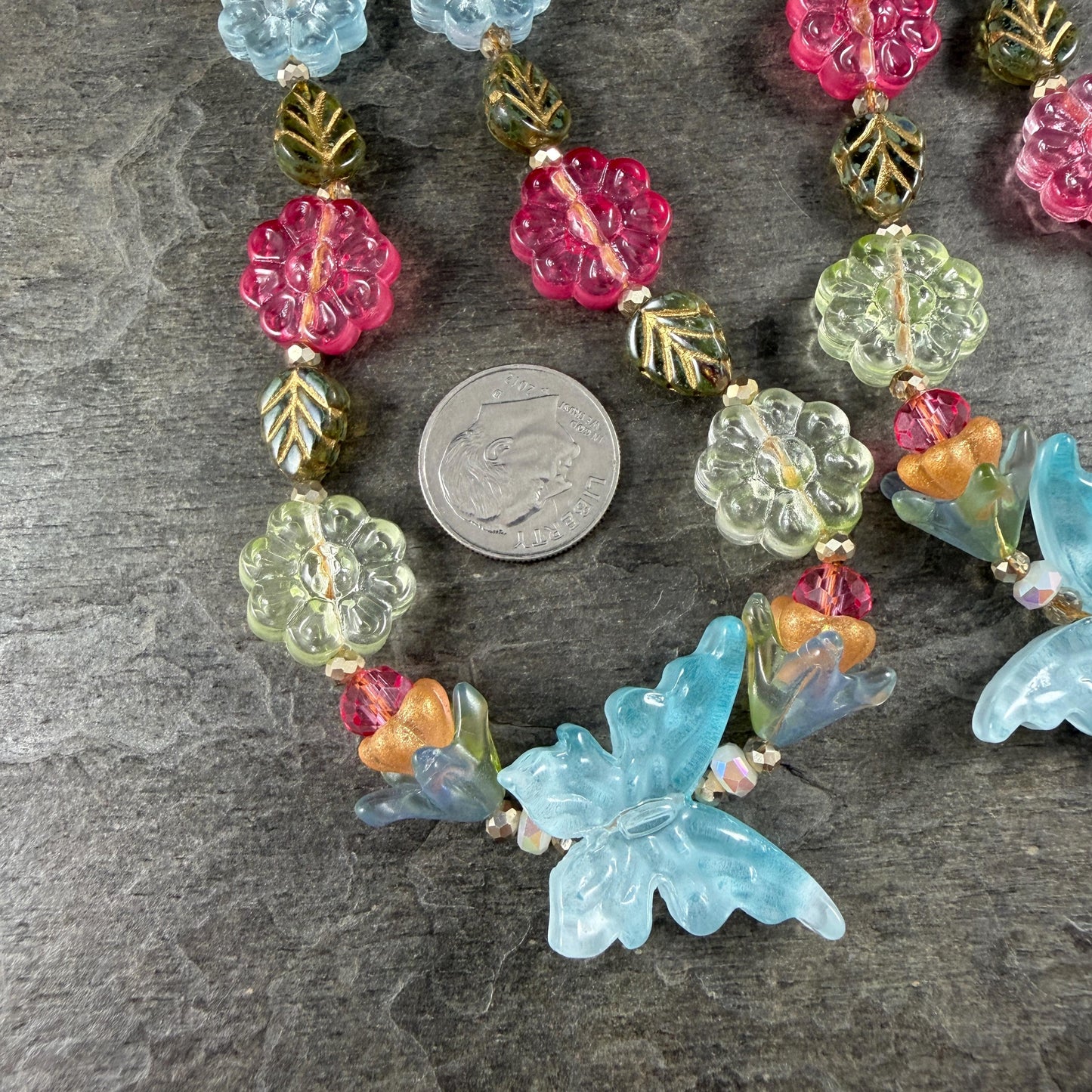 Colorful Mix of Butterflies and Flowers, Nature Theme Glass Beads (612.06) - 18" Strand