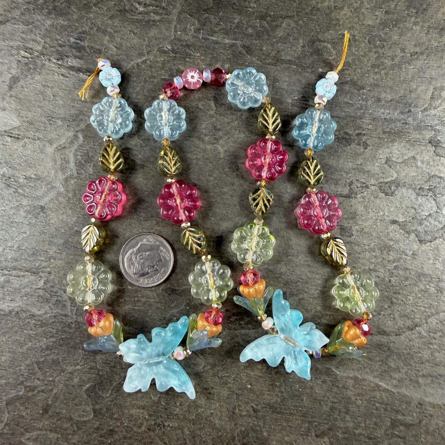 Colorful Mix of Butterflies and Flowers, Nature Theme Glass Beads (612.06) - 18" Strand