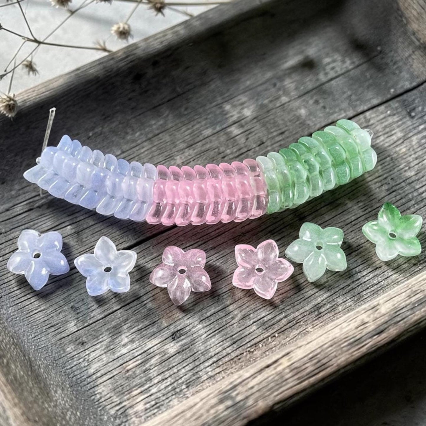5-Petal Flower Bead Caps - 12mm, Blue, Pink and Green (FBC-4) * Qty. 24