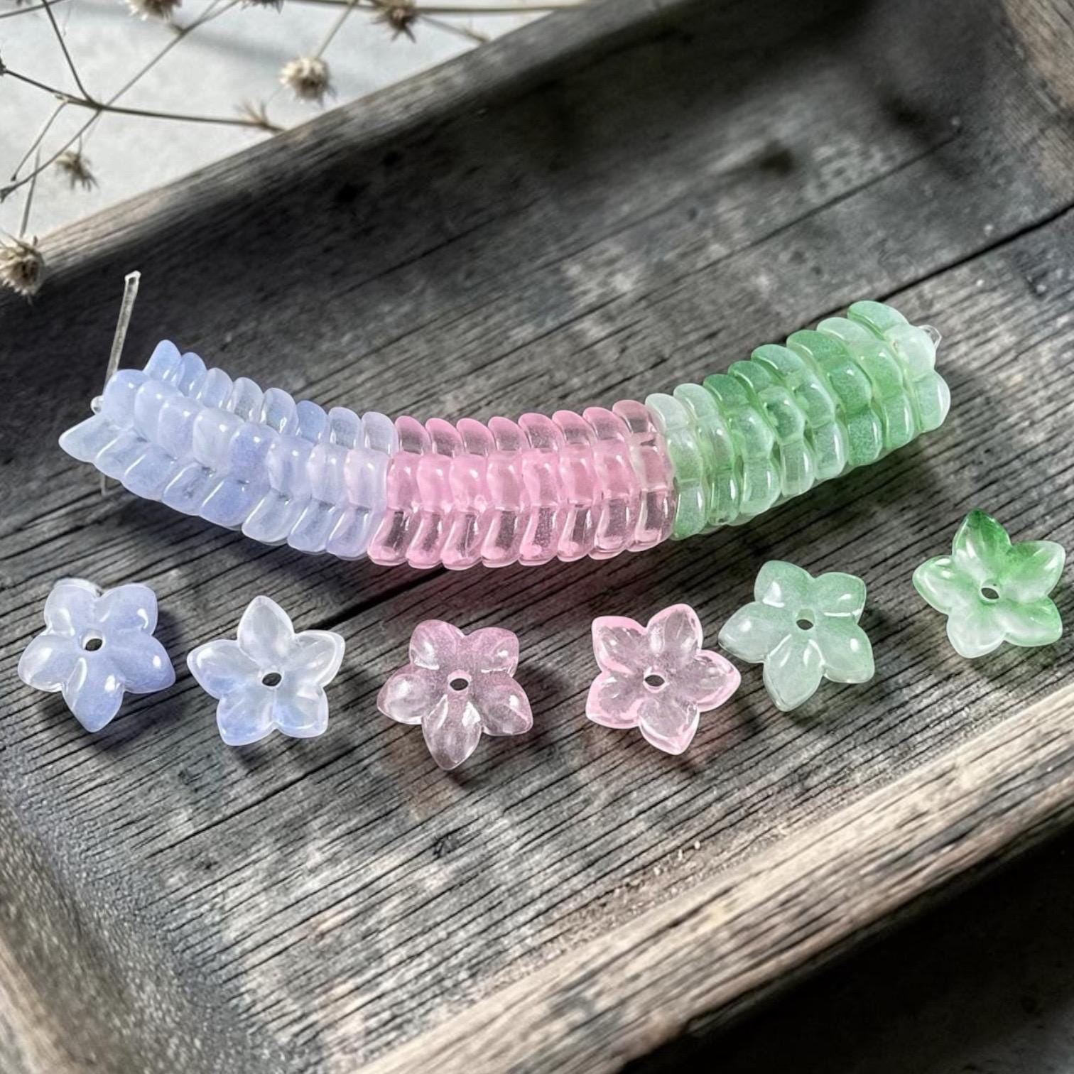 5-Petal Flower Bead Caps - 12mm, Blue, Pink and Green (FBC-4) * Qty. 24