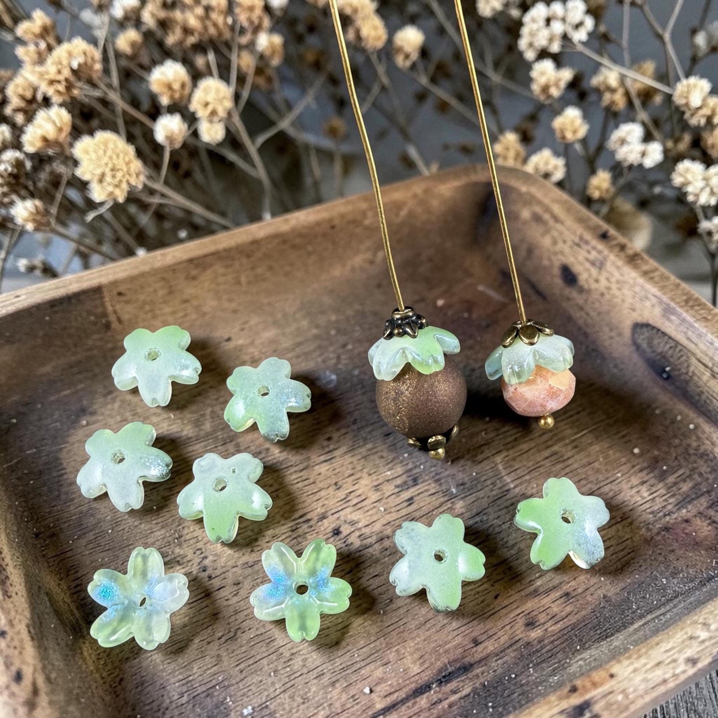 Light Green Flower Petal Bead Caps, 10.5mm Curved Flower (44A55-07) * Qty. 20