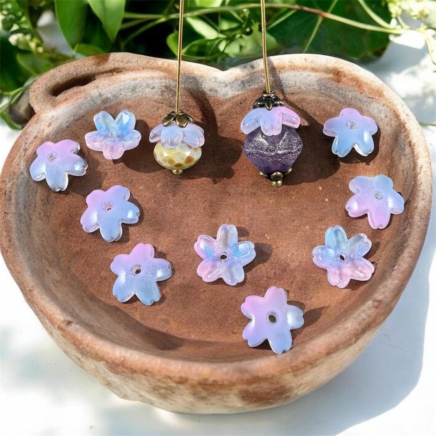 Pink and Periwinkle Flower Petal Bead Caps, 10.5mm Curved Flower (44A55-03) * Qty. 20