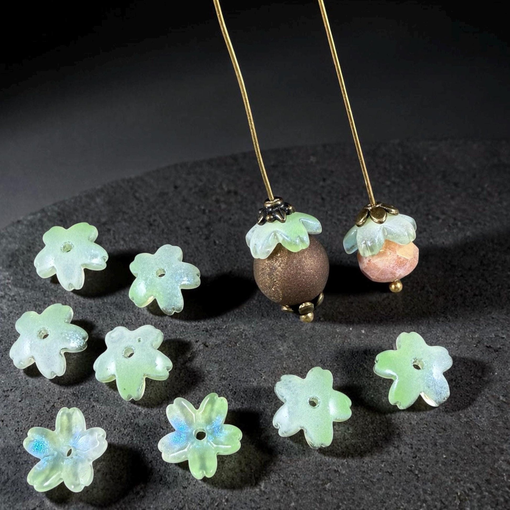 Light Green Flower Petal Bead Caps, 10.5mm Curved Flower (44A55-07) * Qty. 20