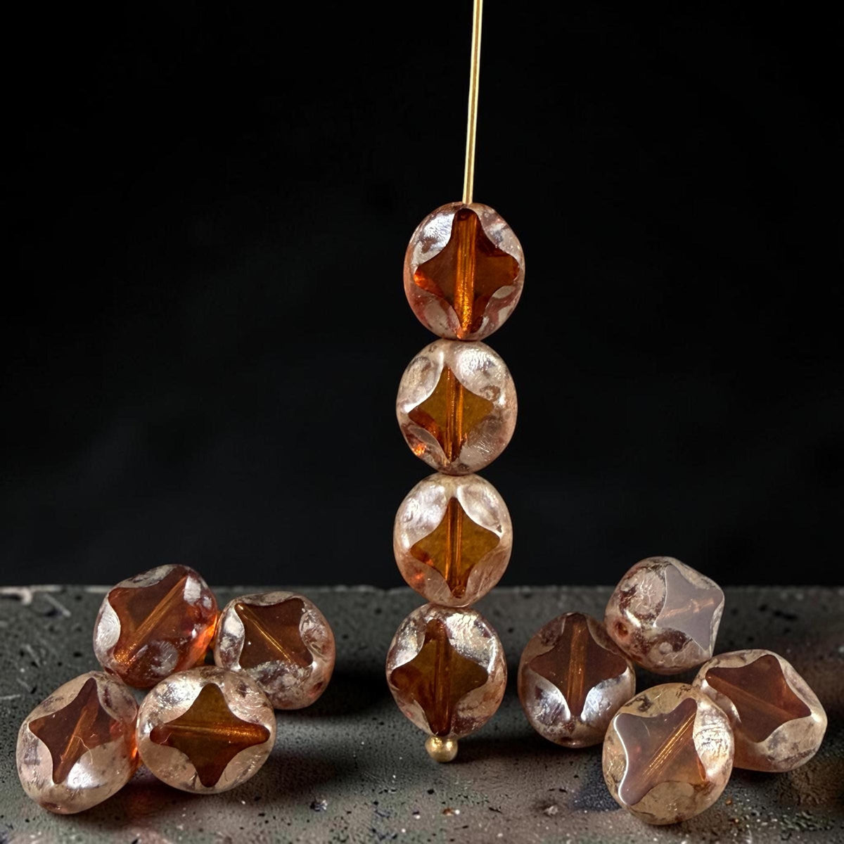 Czech Glass - 9x8mm Table-Cut Star, Light Topaz Picasso Beads (10060) * 12 Beads