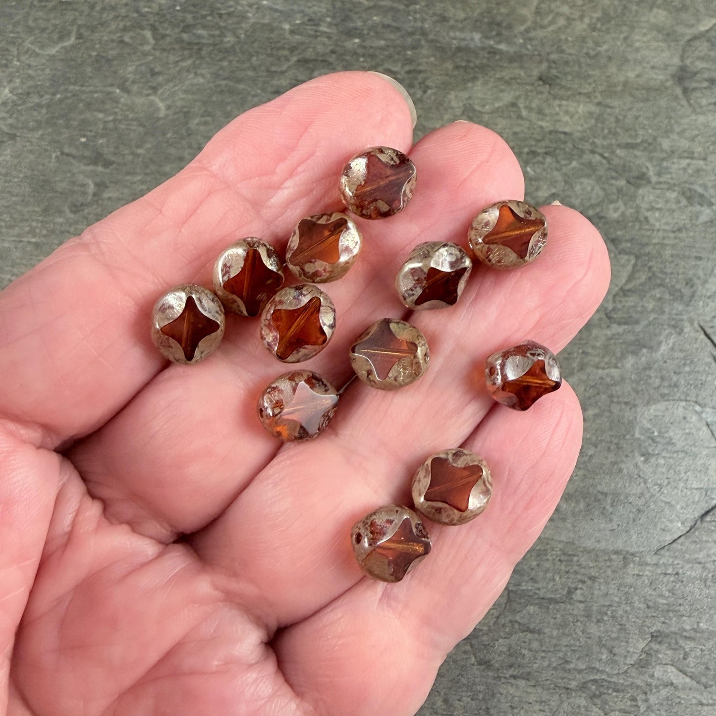 Czech Glass - 9x8mm Table-Cut Star, Light Topaz Picasso Beads (10060) * 12 Beads