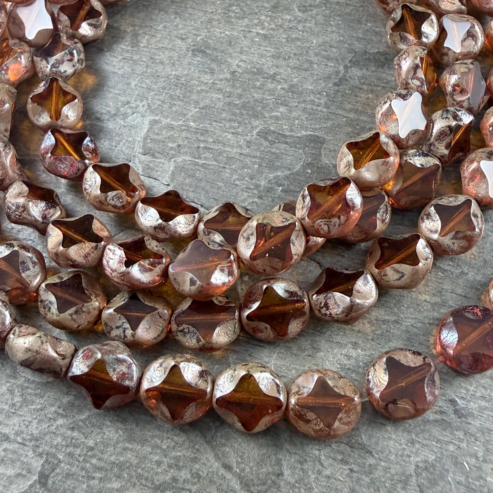 Czech Glass - 9x8mm Table-Cut Star, Light Topaz Picasso Beads (10060) * 12 Beads