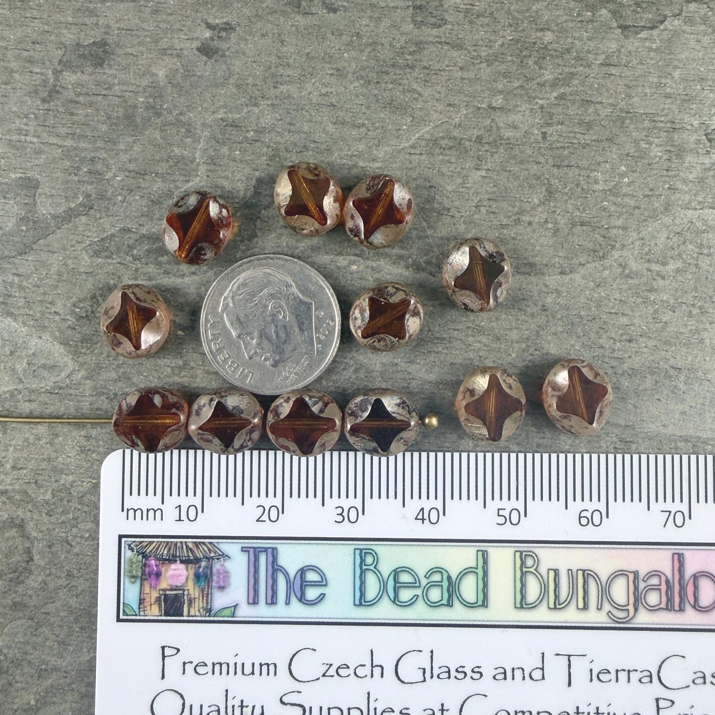 Czech Glass - 9x8mm Table-Cut Star, Light Topaz Picasso Beads (10060) * 12 Beads