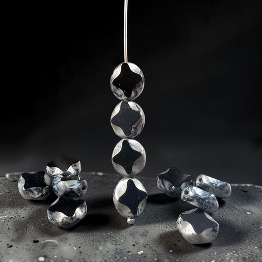 Czech Glass - 9x8mm Table-Cut Star, Black Picasso Beads (23980) * 12 Beads