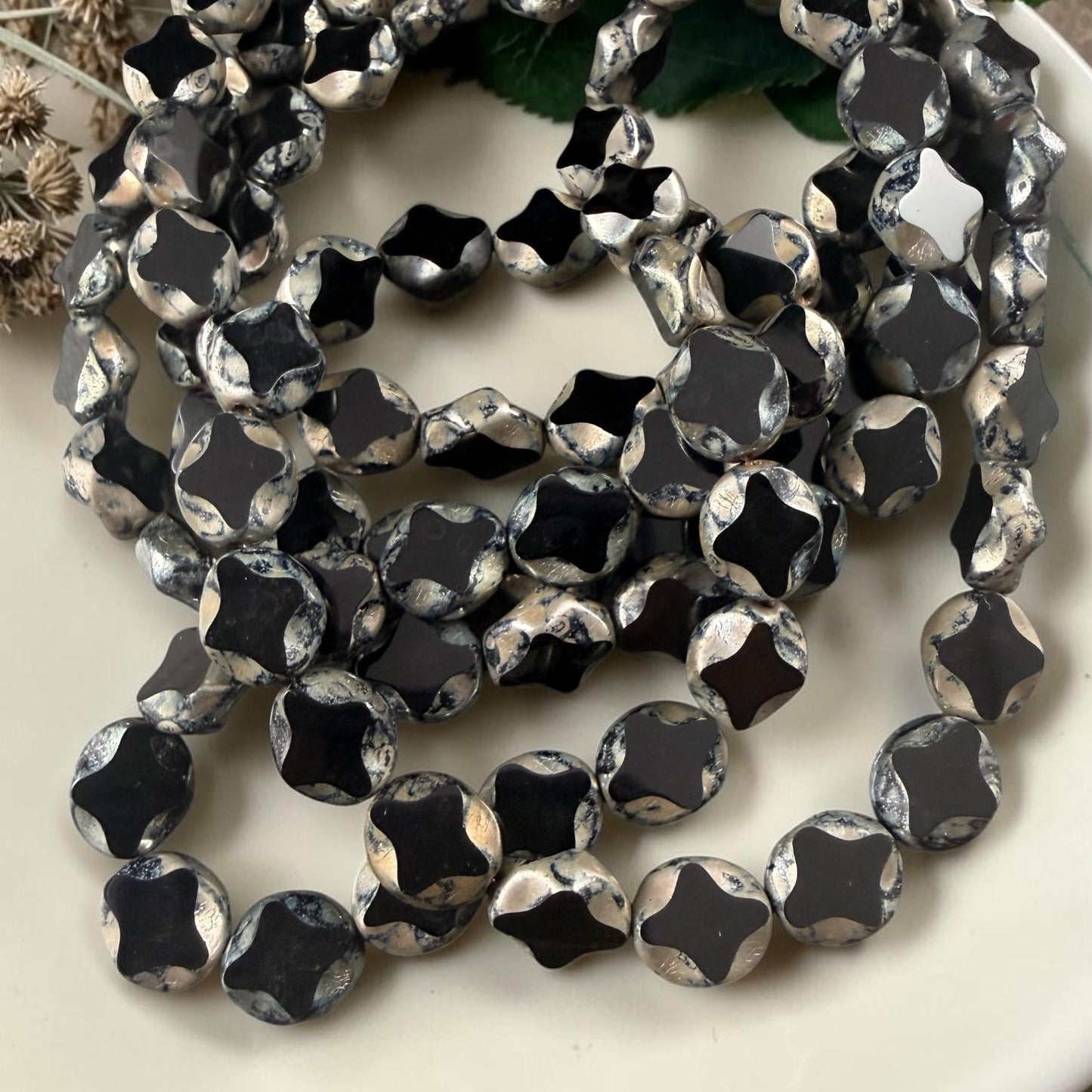 Czech Glass - 9x8mm Table-Cut Star, Black Picasso Beads (23980) * 12 Beads
