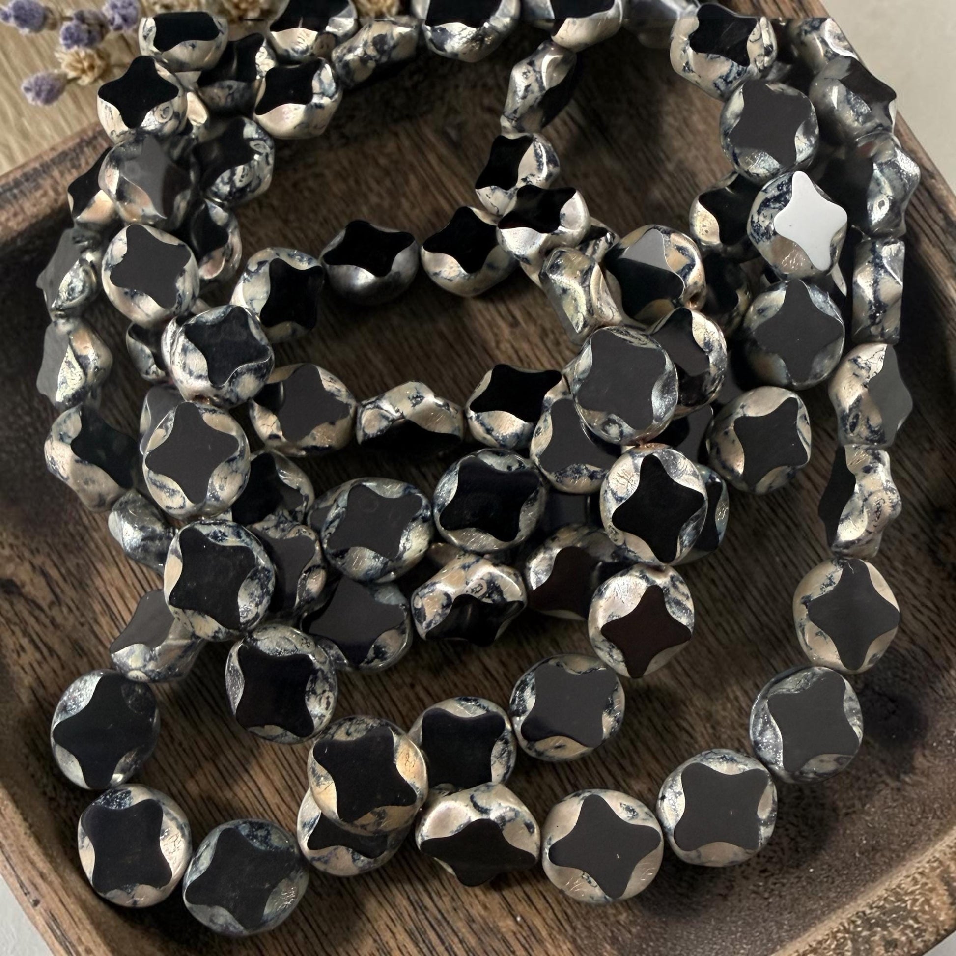 Czech Glass - 9x8mm Table-Cut Star, Black Picasso Beads (23980) * 12 Beads
