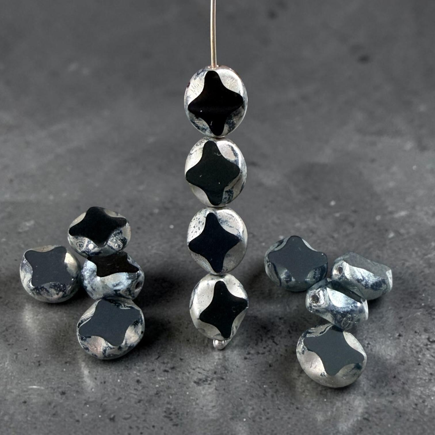 Czech Glass - 9x8mm Table-Cut Star, Black Picasso Beads (23980) * 12 Beads