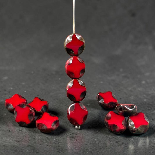Czech Glass - 9x8mm Table-Cut Star, Opaque Red Picasso Beads (93200) * 12 Beads