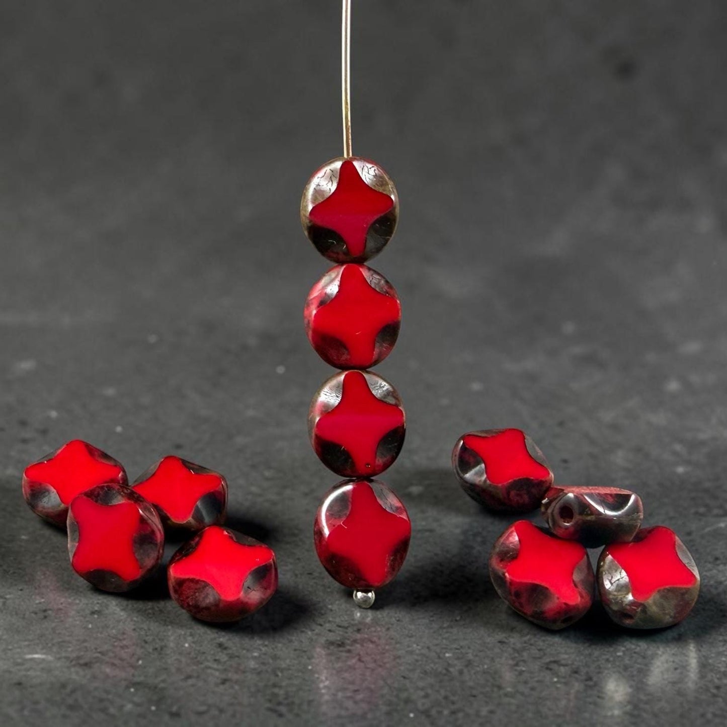 Czech Glass - 9x8mm Table-Cut Star, Opaque Red Picasso Beads (93200) * 12 Beads