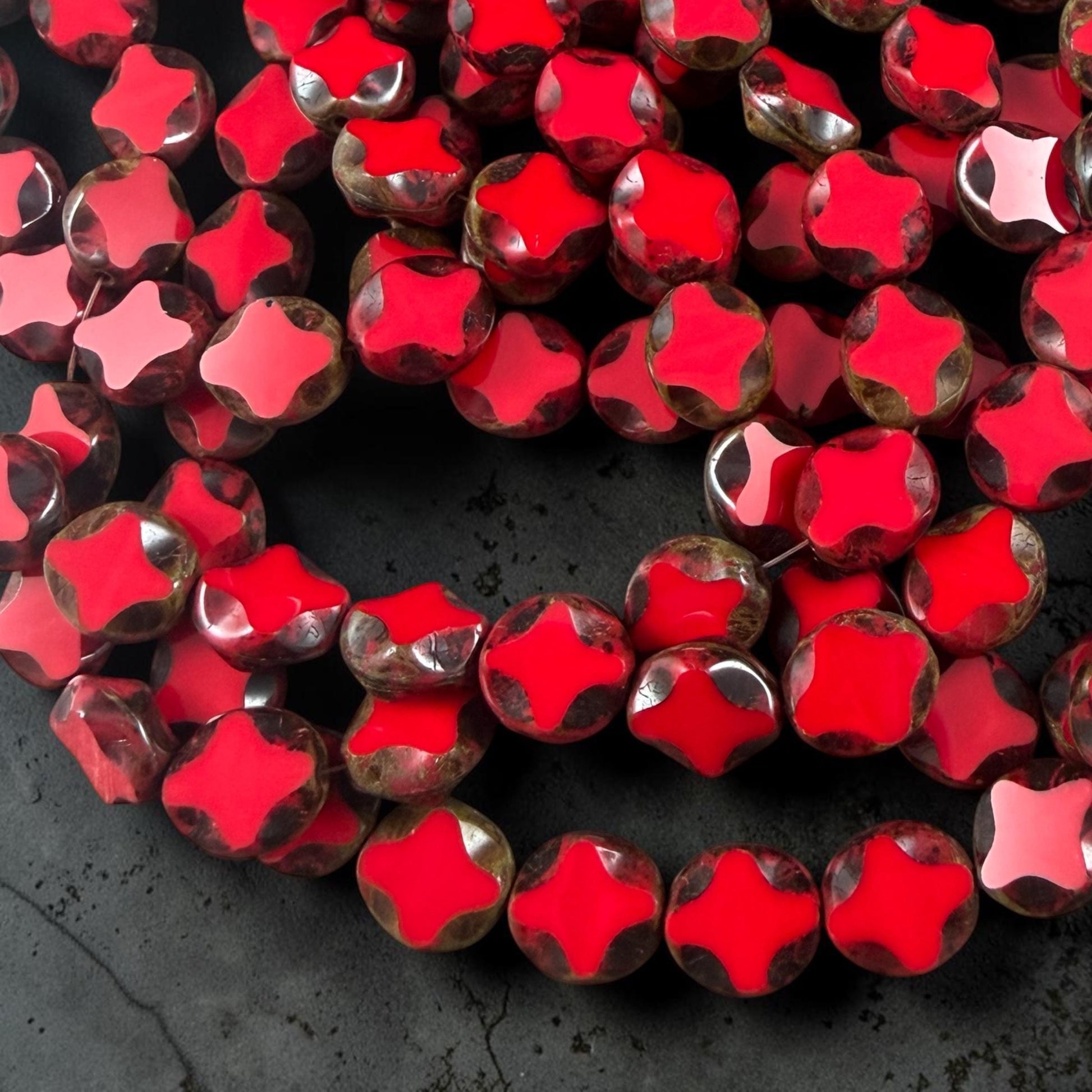 Czech Glass - 9x8mm Table-Cut Star, Opaque Red Picasso Beads (93200) * 12 Beads