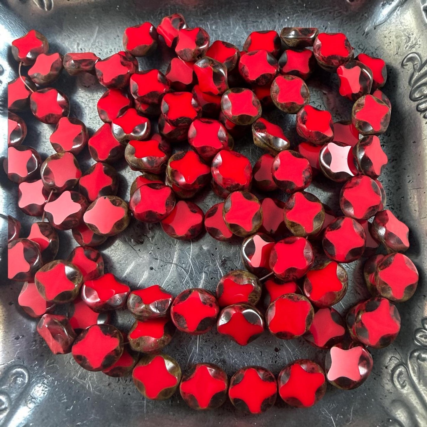 Czech Glass - 9x8mm Table-Cut Star, Opaque Red Picasso Beads (93200) * 12 Beads