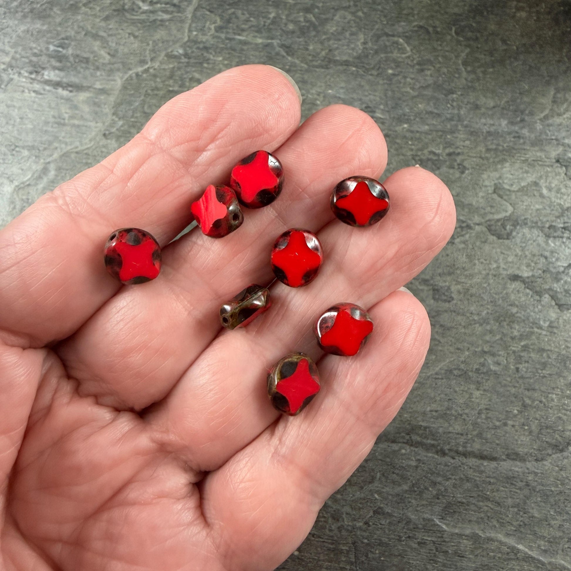 Czech Glass - 9x8mm Table-Cut Star, Opaque Red Picasso Beads (93200) * 12 Beads