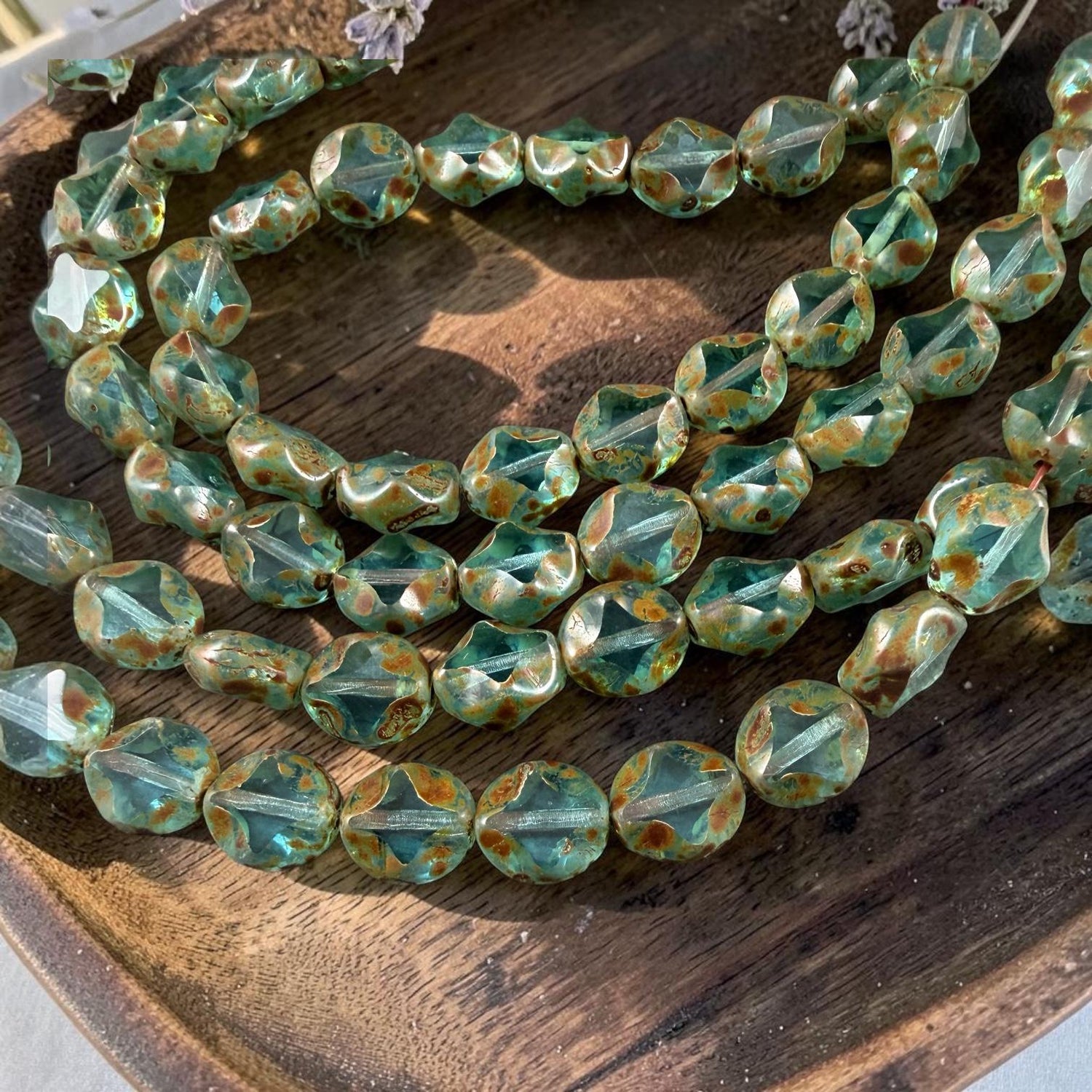 Czech Glass - 9x8mm Table-Cut Star, Transparent Aqua Picasso Beads (60010) * 12 Beads