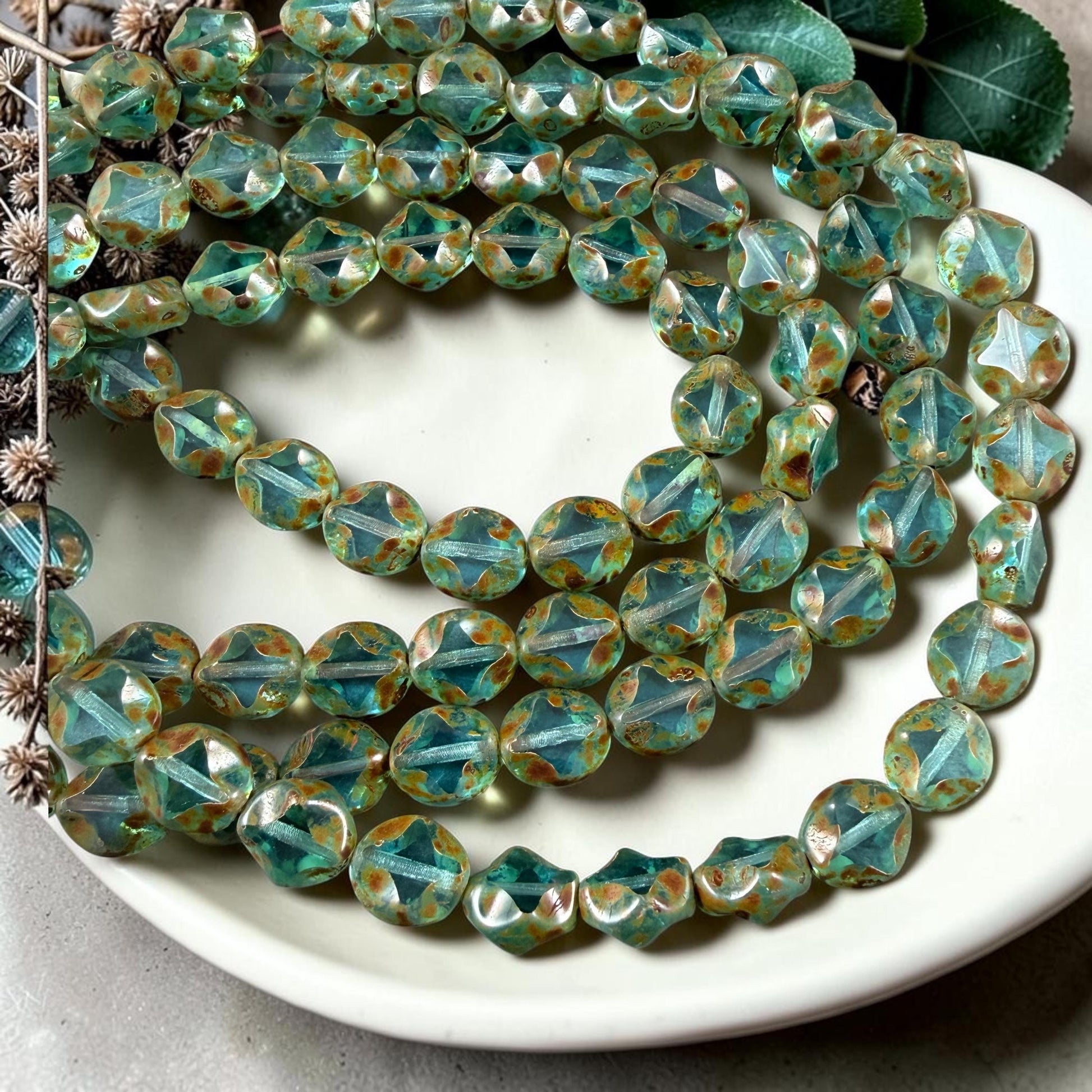 Czech Glass - 9x8mm Table-Cut Star, Transparent Aqua Picasso Beads (60010) * 12 Beads