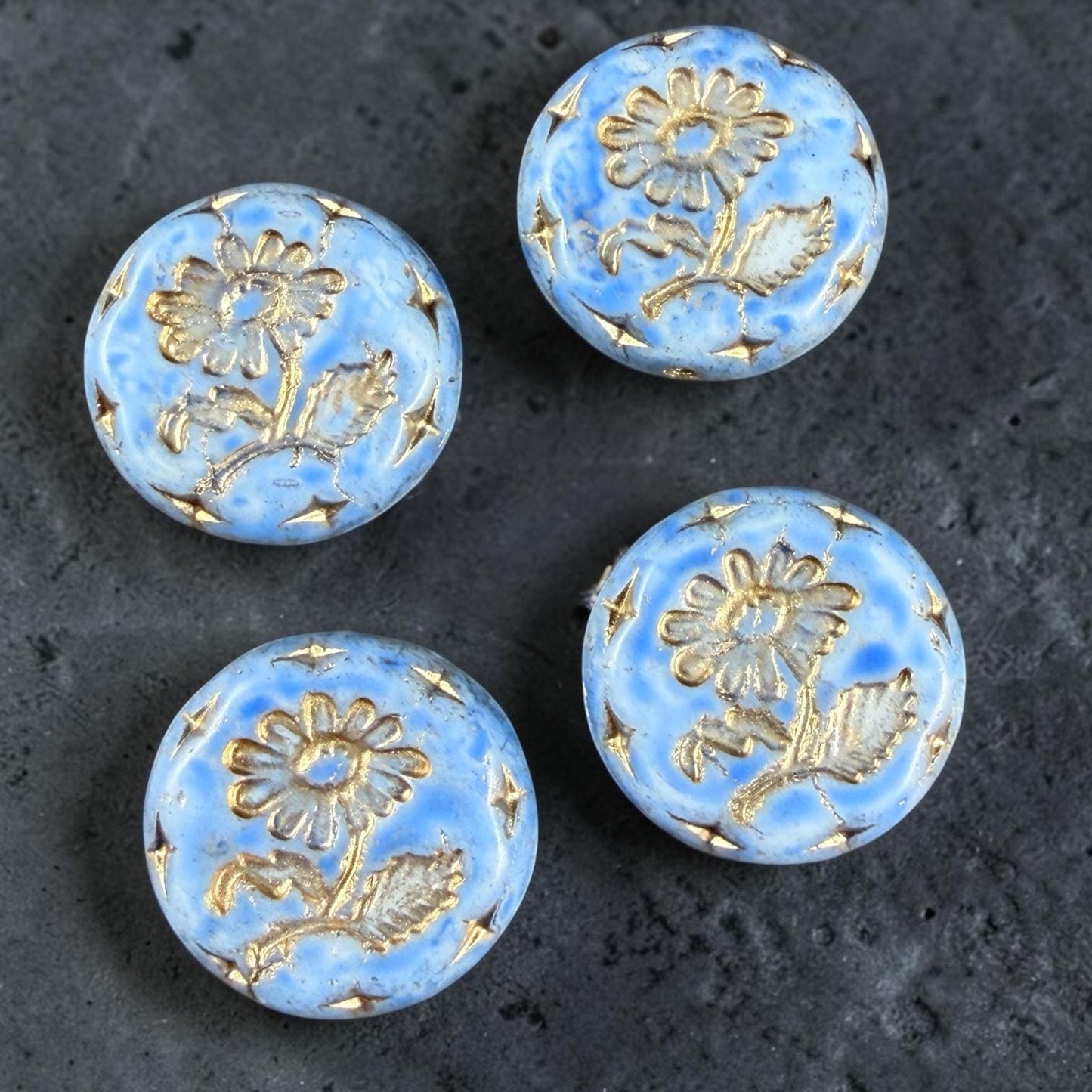 Czech Beads, 18mm Marguerite Daisy, Light Sky Blue (LtBlue/Gold) * 4 Beads