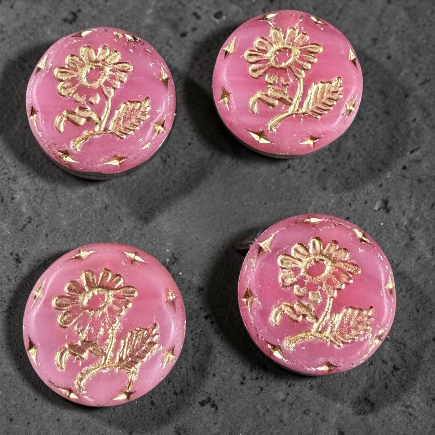 Czech Beads, 18mm Marguerite Daisy, Carnation Pink (PinkOpaline/Gold) * 4 Beads