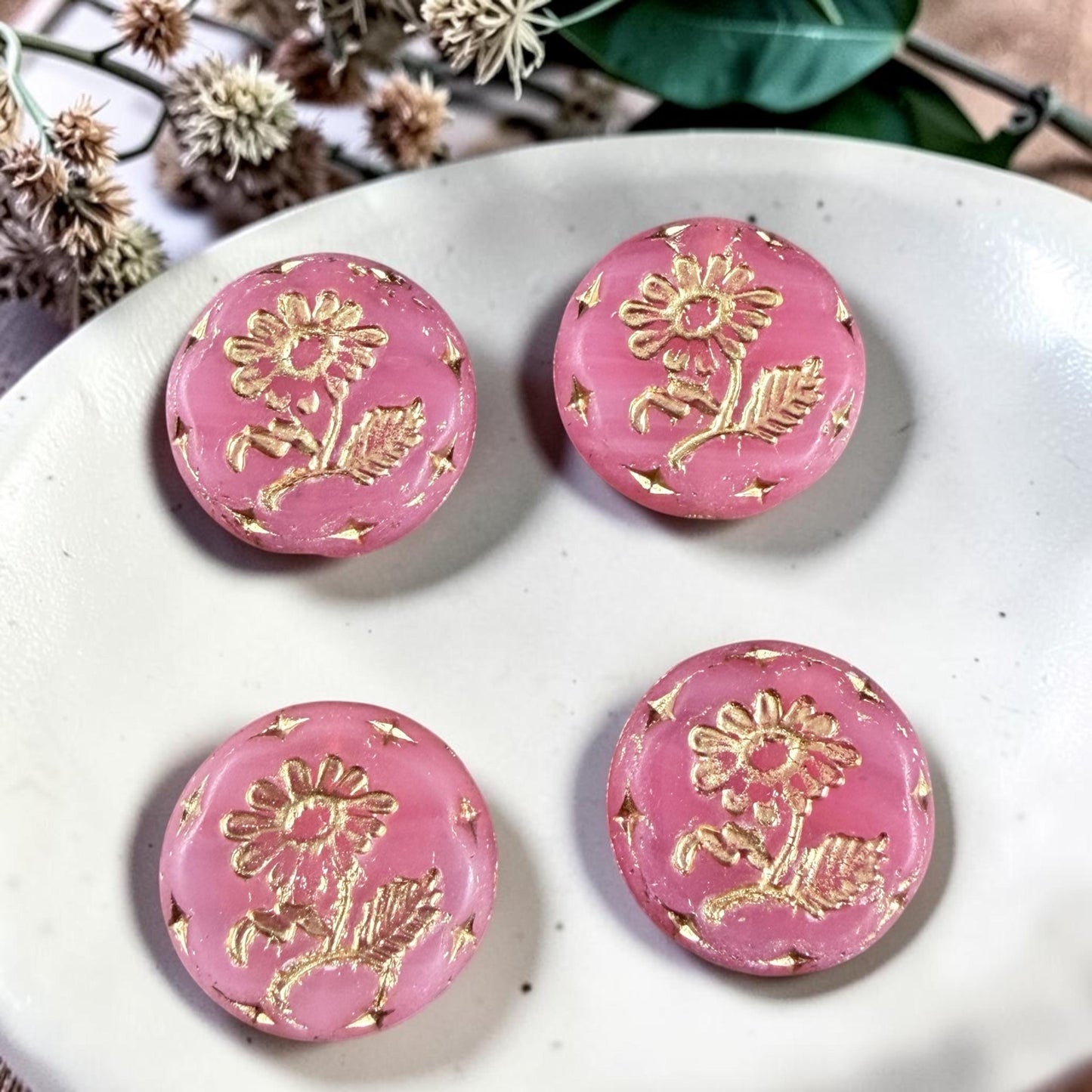 Czech Beads, 18mm Marguerite Daisy, Carnation Pink (PinkOpaline/Gold) * 4 Beads