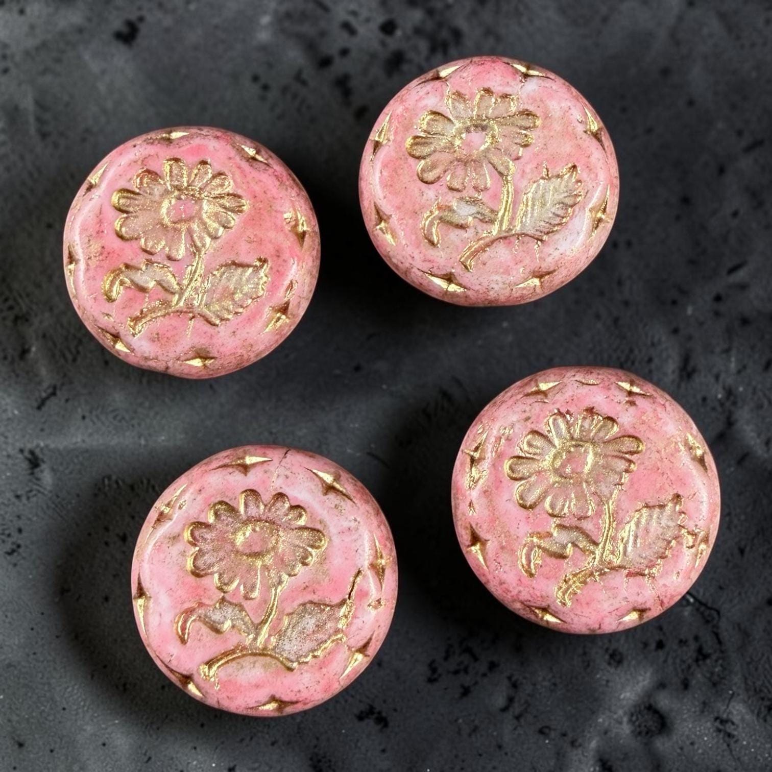 Czech Beads, 18mm Marguerite Daisy, Pink Alabaster (Pink/Gold) * 4 Beads
