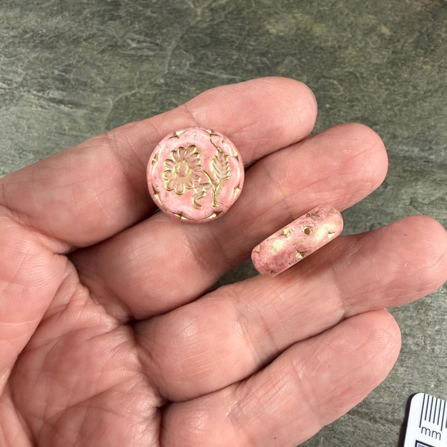 Czech Beads, 18mm Marguerite Daisy, Pink Alabaster (Pink/Gold) * 4 Beads