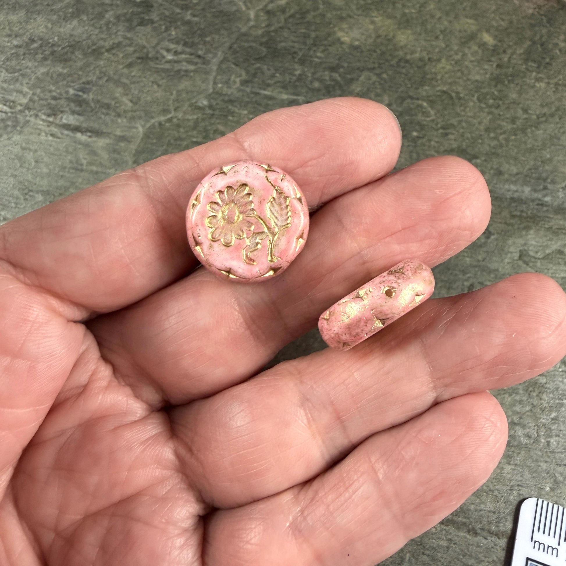 Czech Beads, 18mm Marguerite Daisy, Pink Alabaster (Pink/Gold) * 4 Beads