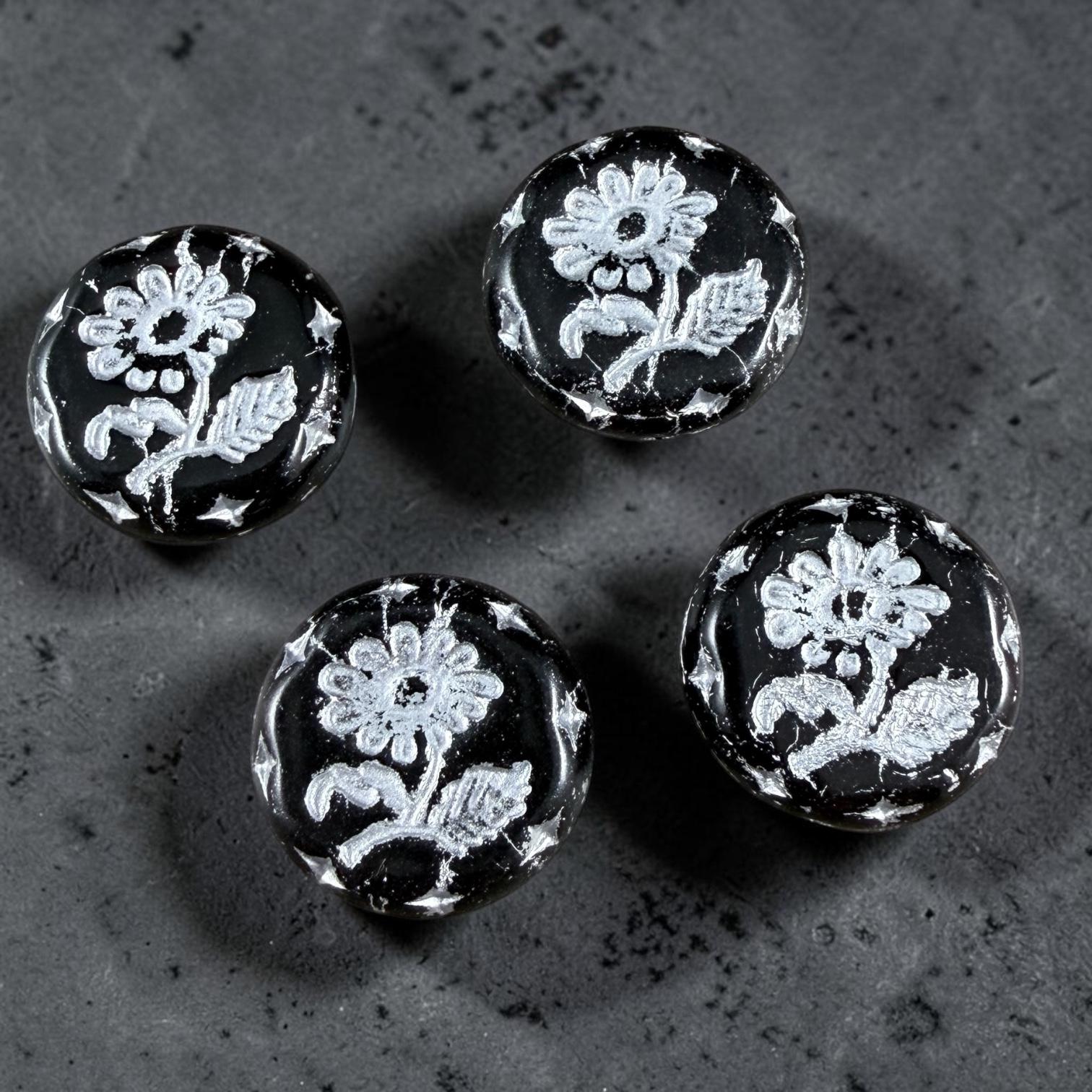 Czech Beads, 18mm Marguerite Daisy, Black and Silver (Black/Silver) * 4 Beads