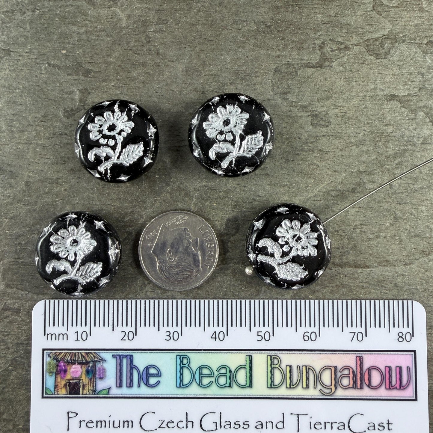 Czech Beads, 18mm Marguerite Daisy, Black and Silver (Black/Silver) * 4 Beads
