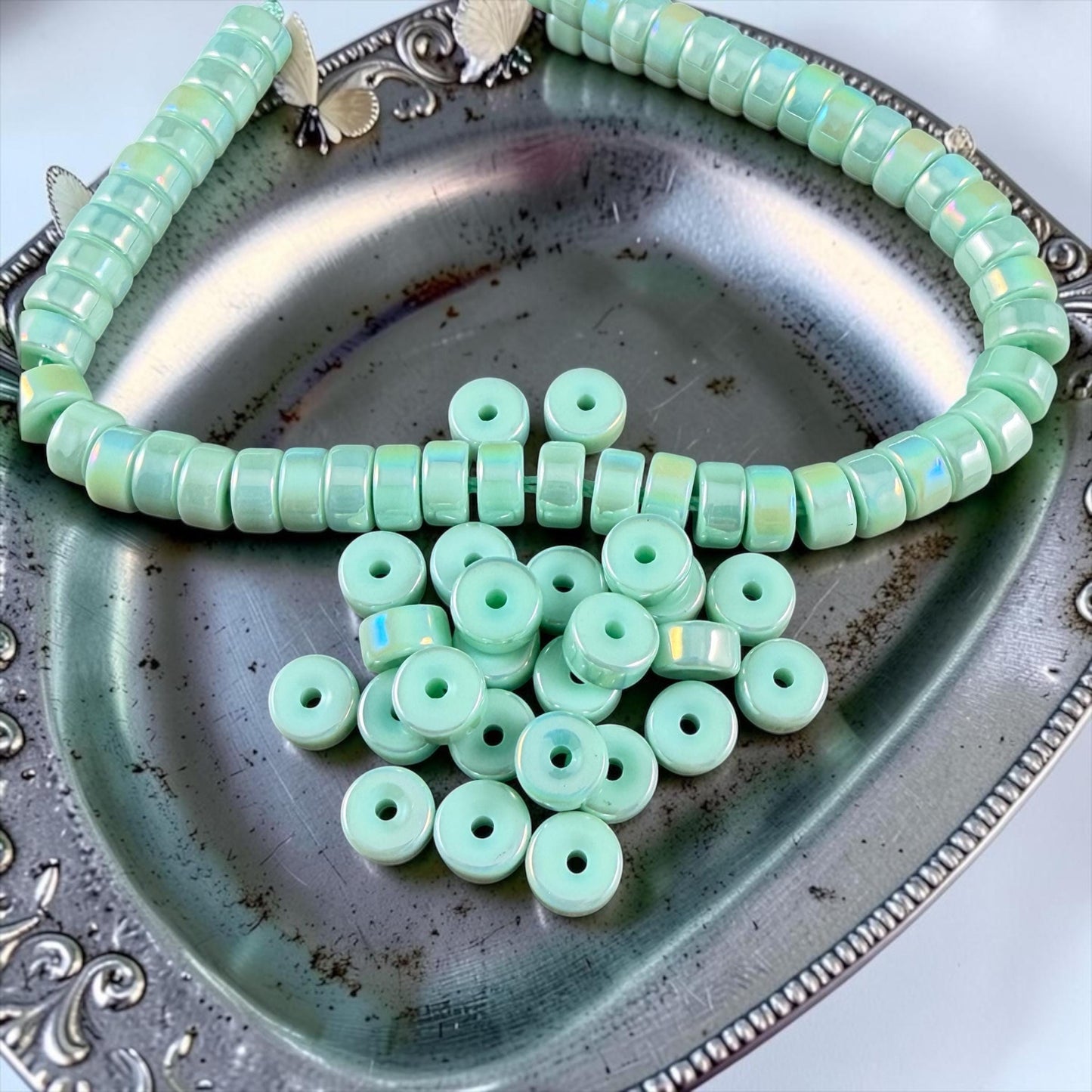 Glass Beads, 3x6mm Smooth Heishi Rondelles, Light Pastel Green with Golden AB Luster * 50 Beads