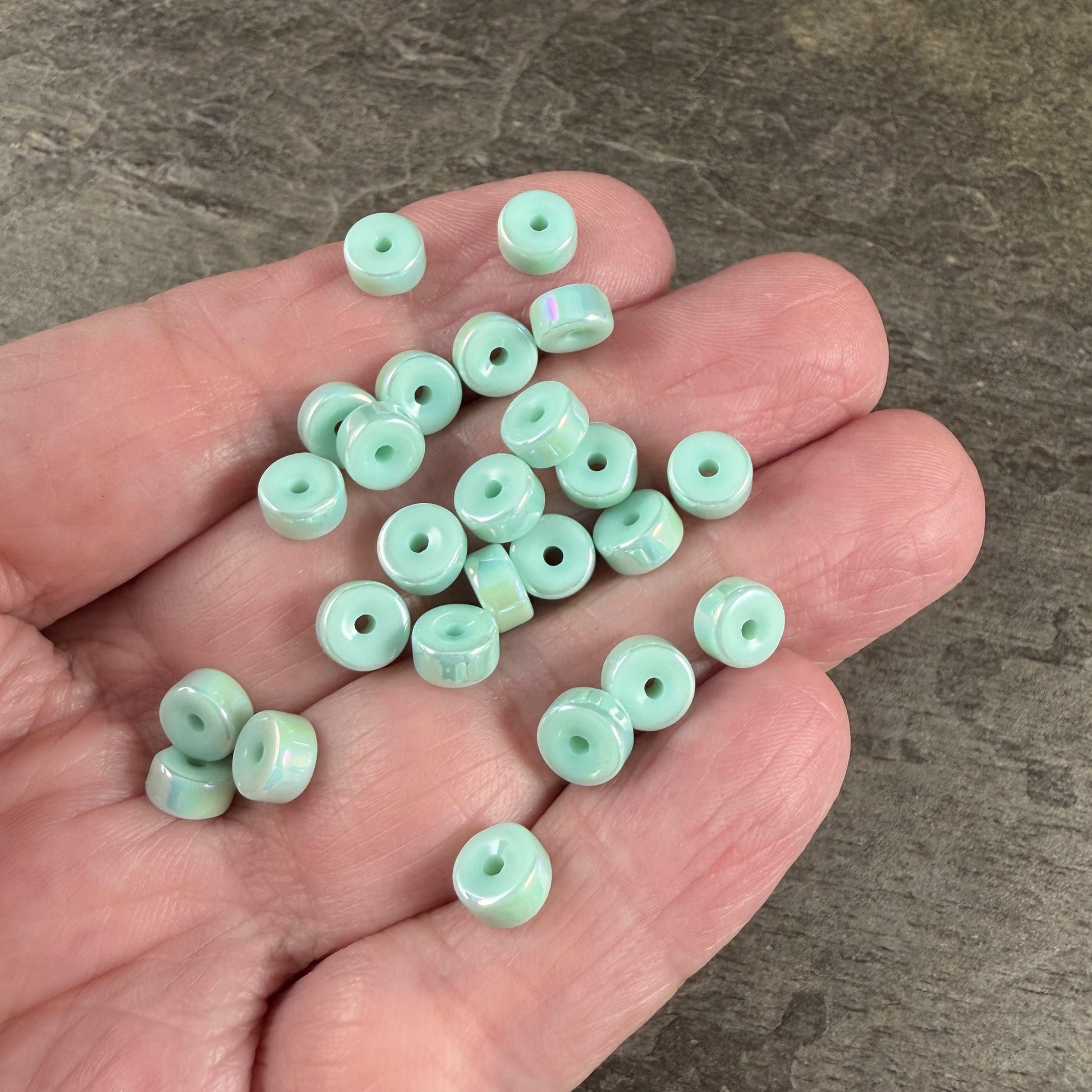 Glass Beads, 3x6mm Smooth Heishi Rondelles, Light Pastel Green with Golden AB Luster * 50 Beads