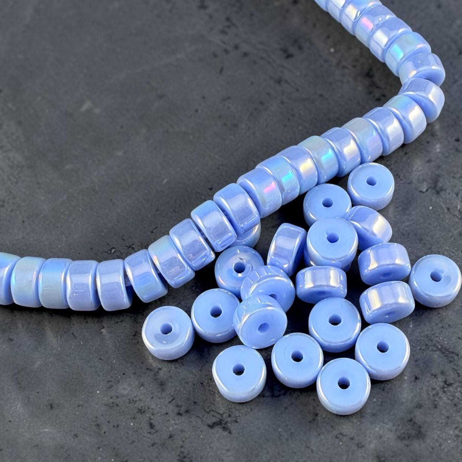Glass Beads, 3x6mm Smooth Heishi Rondelles, Sky Blue with Golden AB Luster * 50 Beads