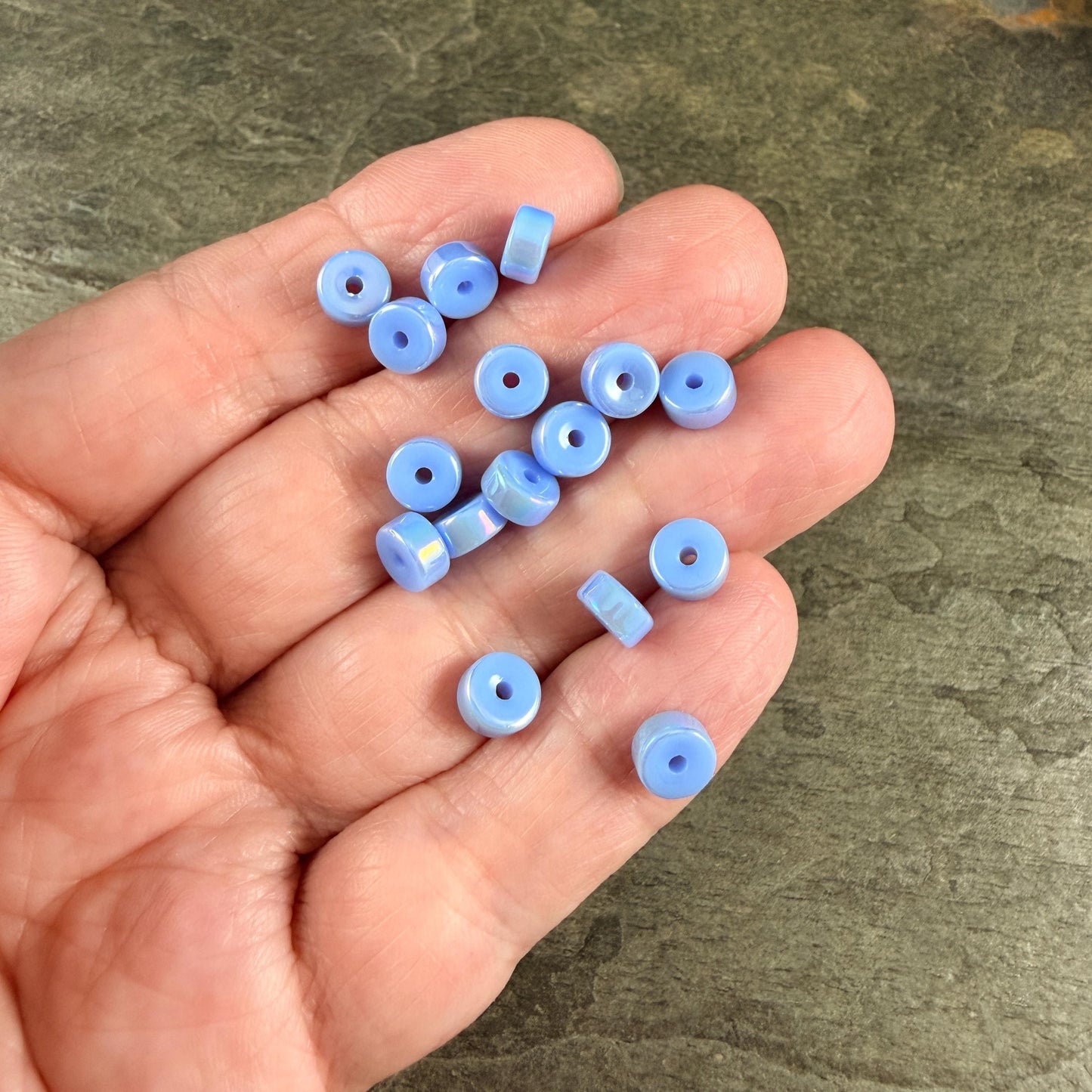 Glass Beads, 3x6mm Smooth Heishi Rondelles, Sky Blue with Golden AB Luster * 50 Beads