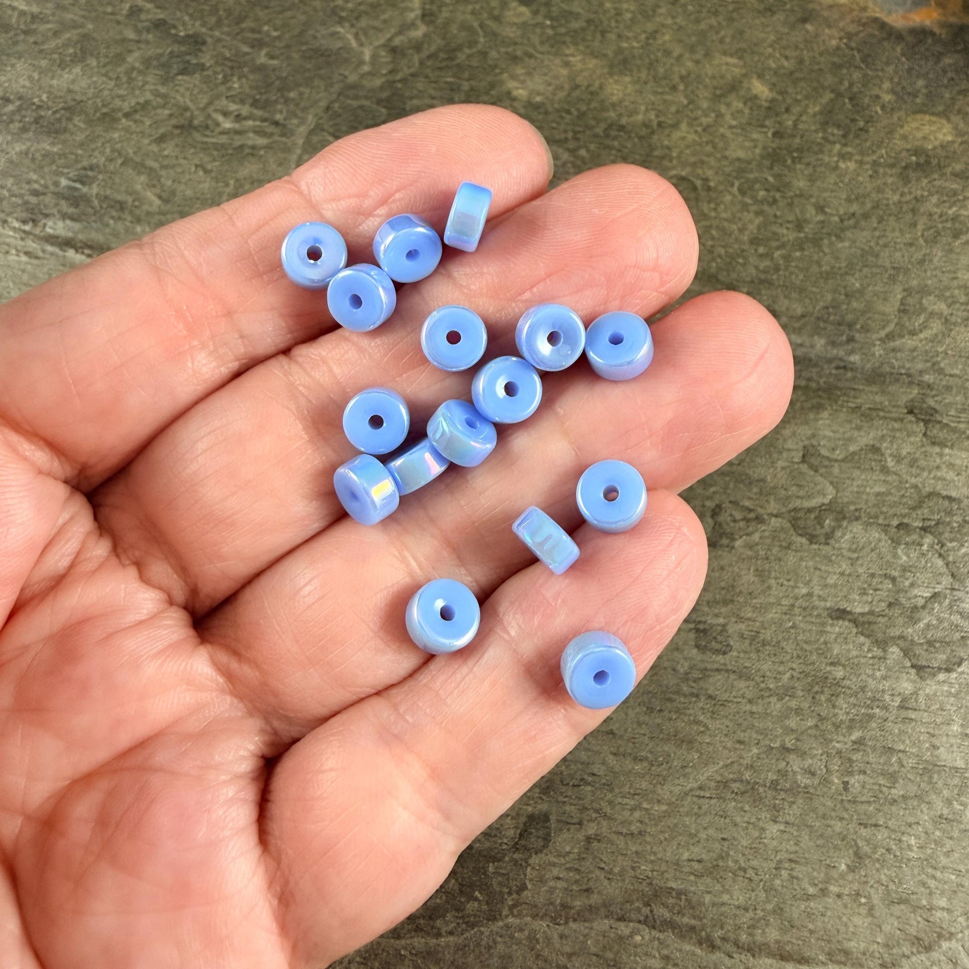 Glass Beads, 3x6mm Smooth Heishi Rondelles, Sky Blue with Golden AB Luster * 50 Beads