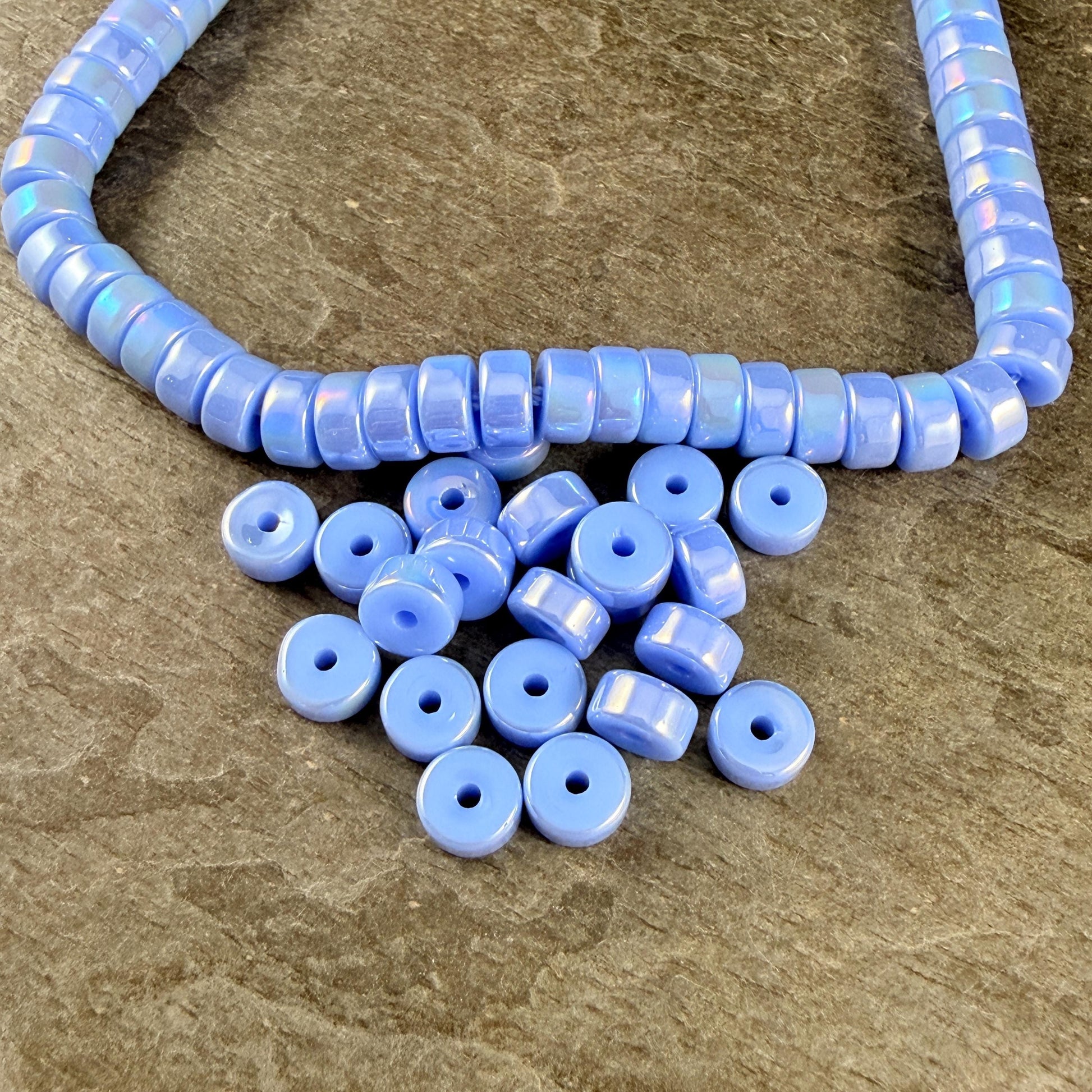 Glass Beads, 3x6mm Smooth Heishi Rondelles, Sky Blue with Golden AB Luster * 50 Beads