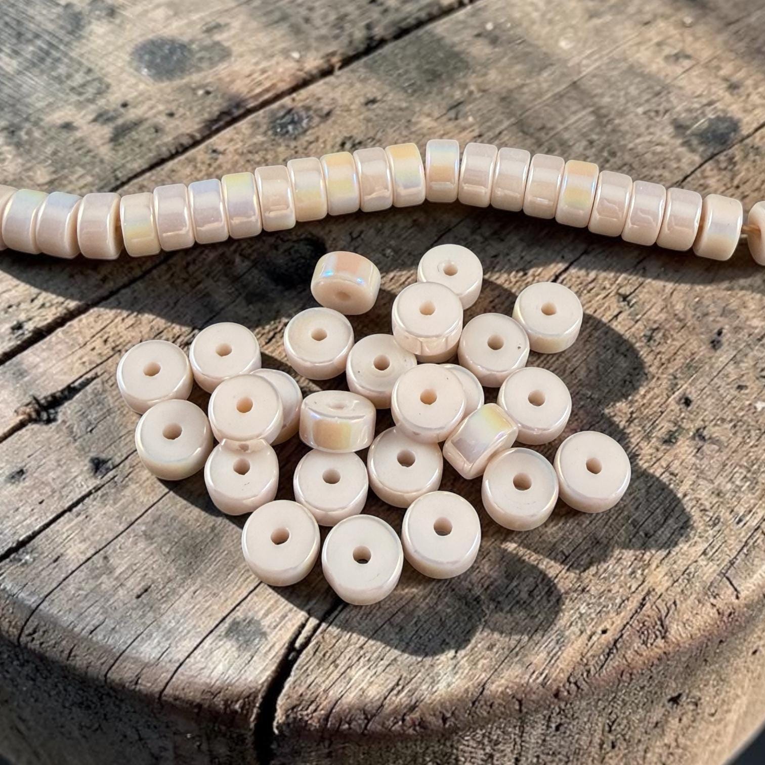 Glass Beads, 3x6mm Smooth Heishi Rondelles, Ivory Beige with Golden AB Luster * 50 Beads