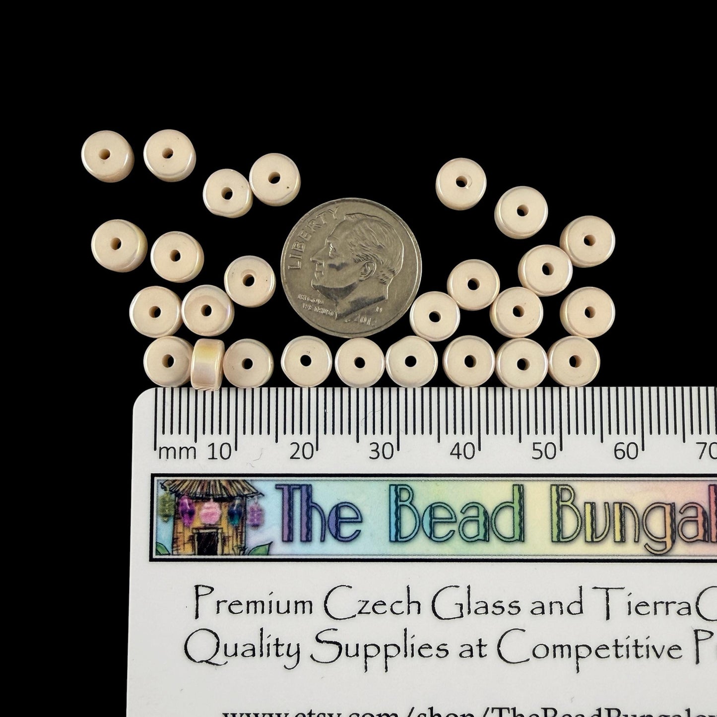 Glass Beads, 3x6mm Smooth Heishi Rondelles, Ivory Beige with Golden AB Luster * 50 Beads