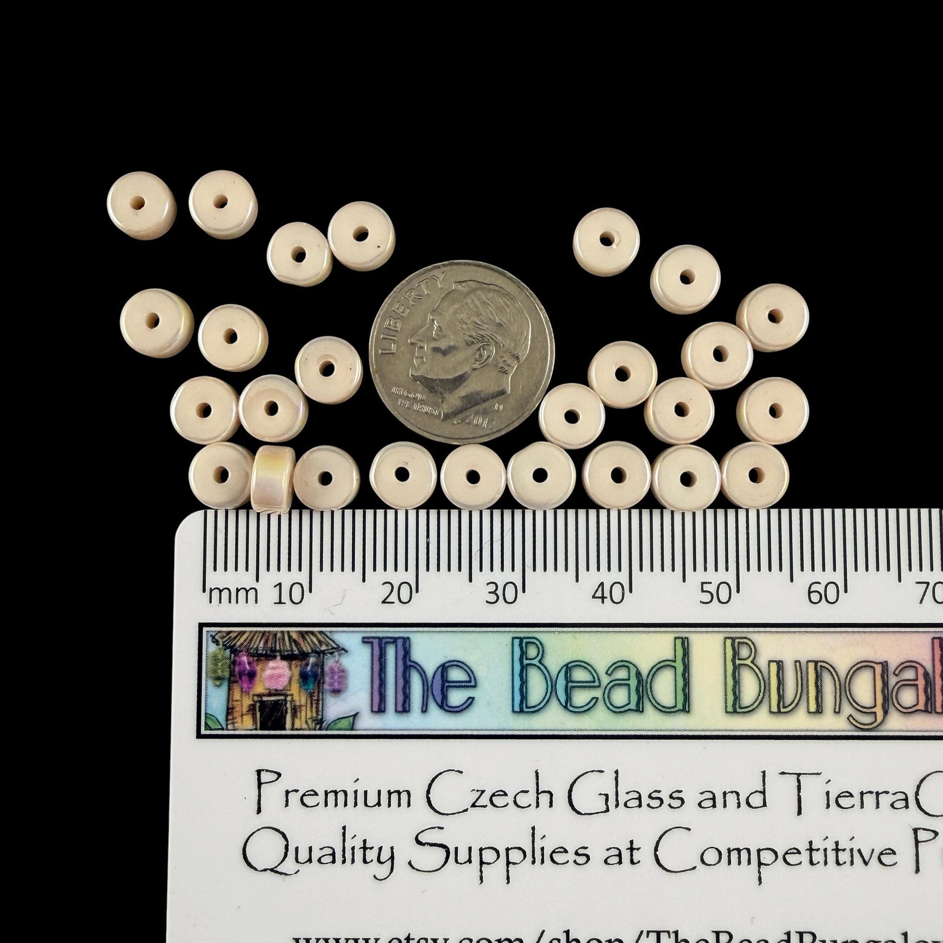 Glass Beads, 3x6mm Smooth Heishi Rondelles, Ivory Beige with Golden AB Luster * 50 Beads