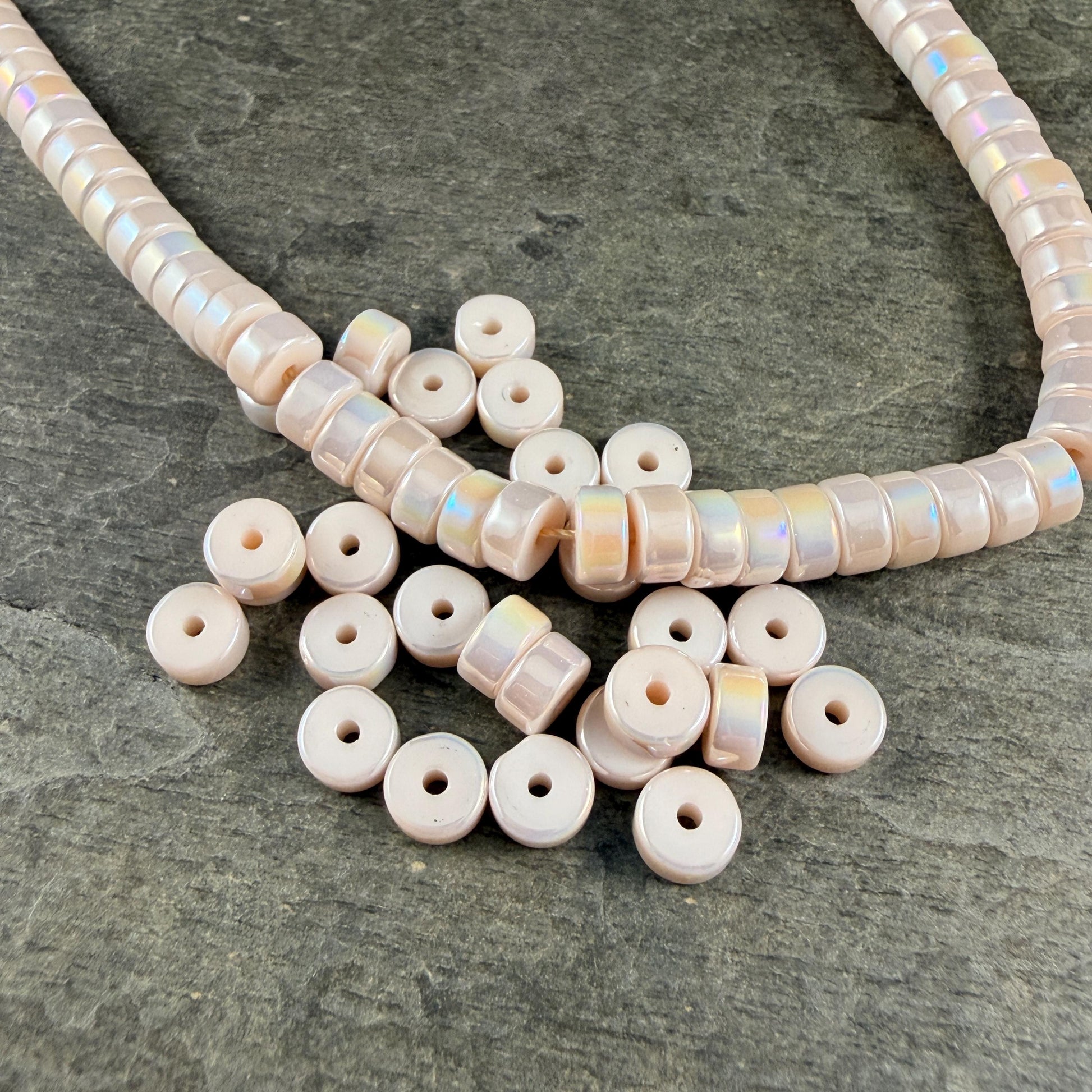 Glass Beads, 3x6mm Smooth Heishi Rondelles, Ivory Beige with Golden AB Luster * 50 Beads