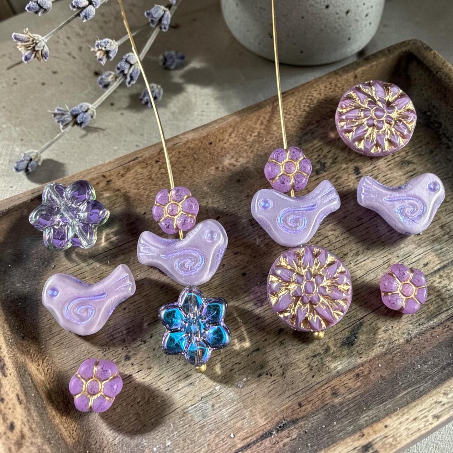 Czech Beads - Small Glass Bird with Coordinating Flowers Bead (Lavender/Lilac-BirdMix)
