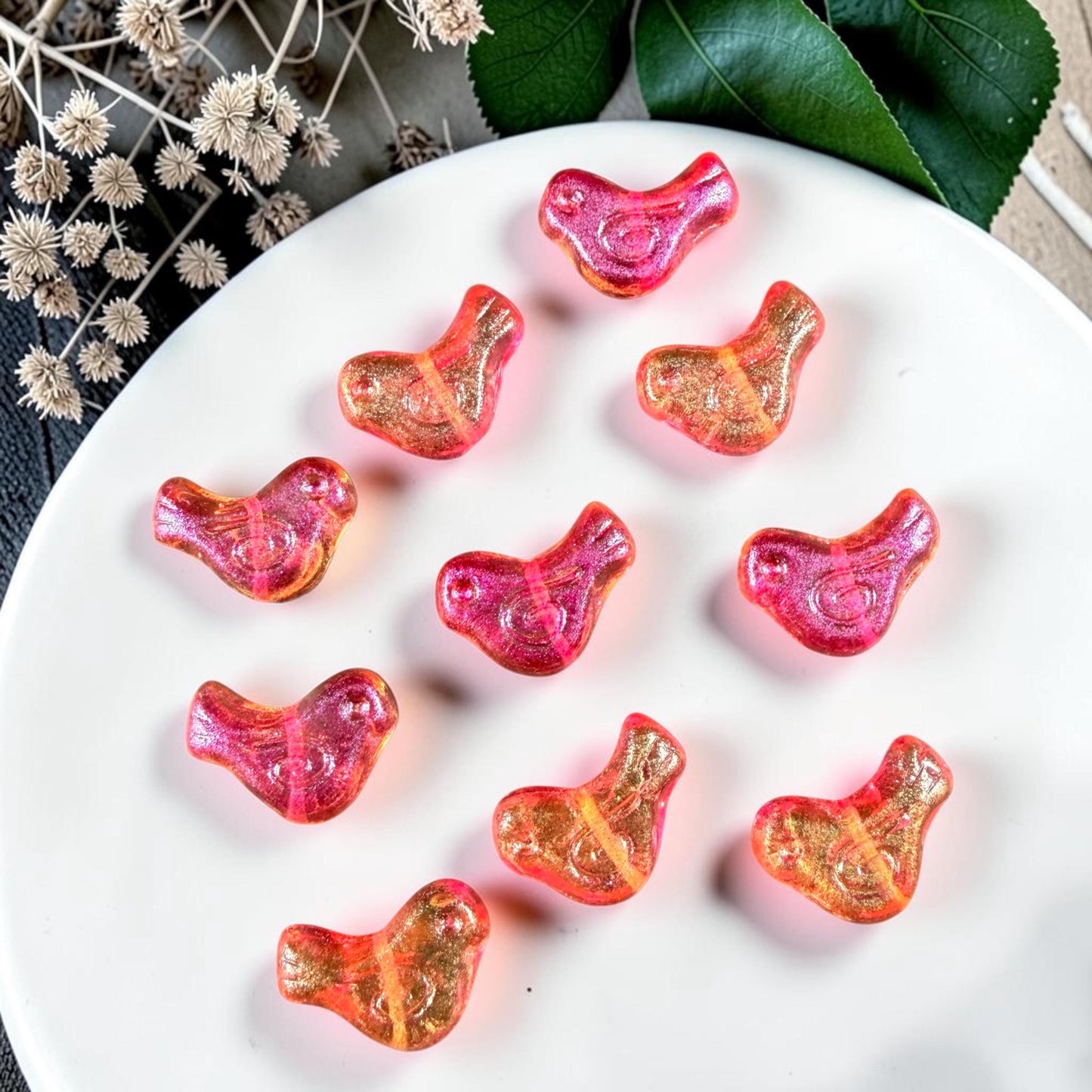 Czech Beads - Glass Bird Bead, 12x16mm, Fuchsia and Orange (00030-541024) * 10 Beads