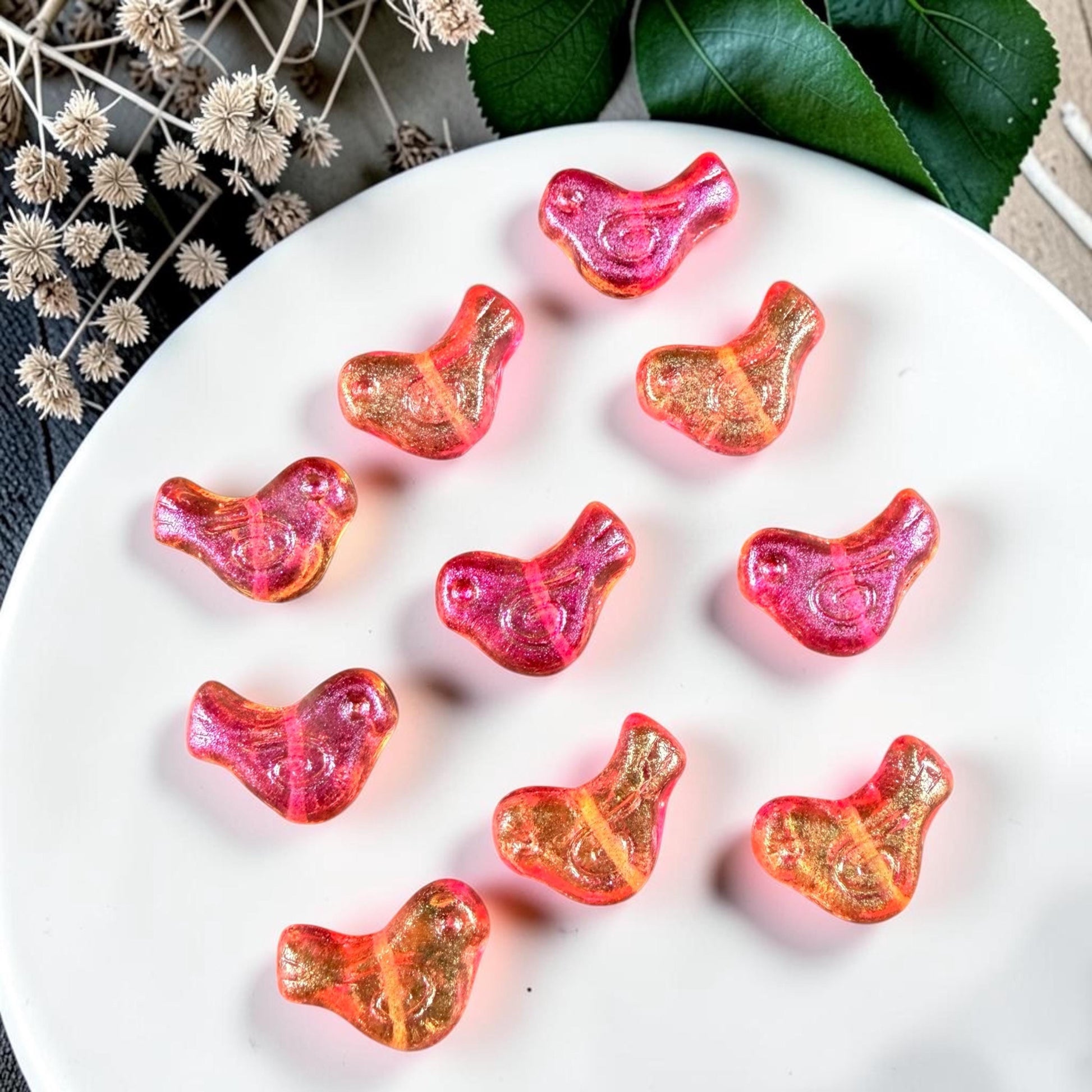 Czech Beads - Glass Bird Bead, 12x16mm, Fuchsia and Orange (00030-541024) * 10 Beads